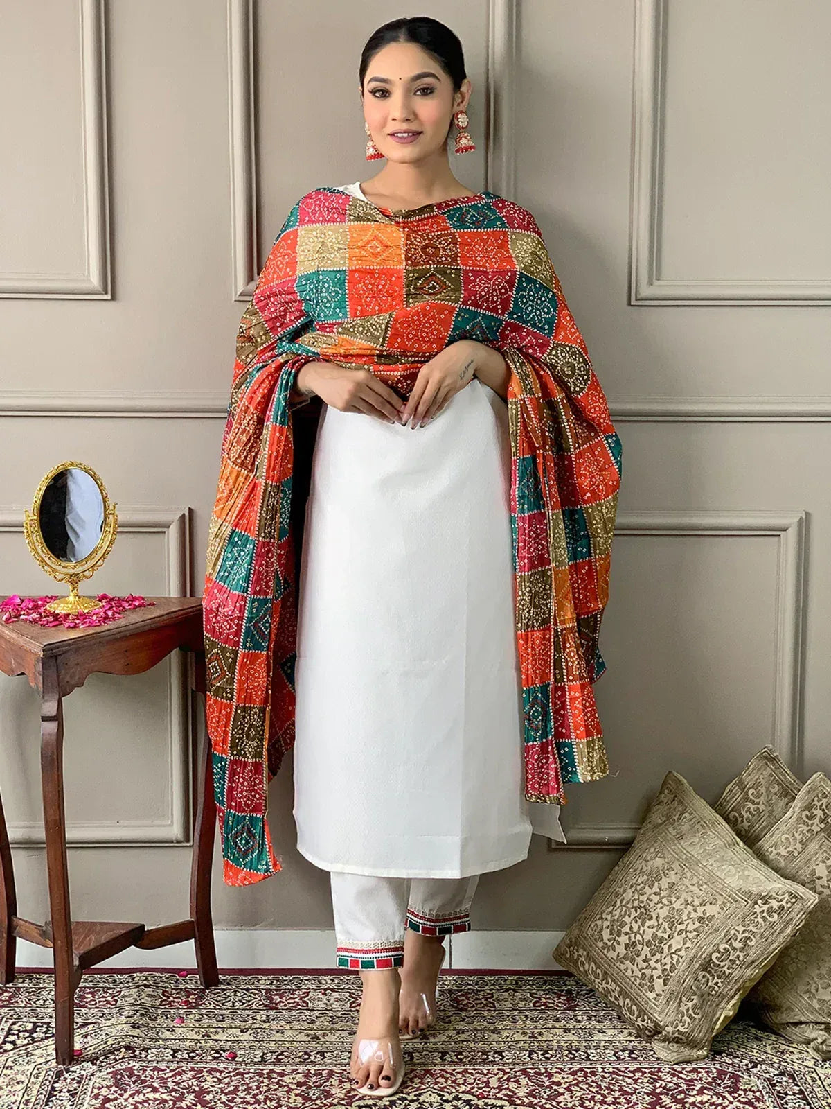 White kurta with colorful patchwork dupatta, ethnic Indian wear for women
