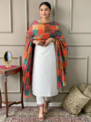 Attractive Off-White Embroidered Viscose Traditional Pant Suit