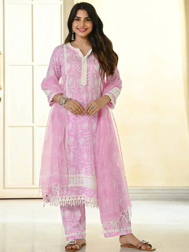 Beautiful Pink Digital Printed Cotton Festival Wear Pant Suit