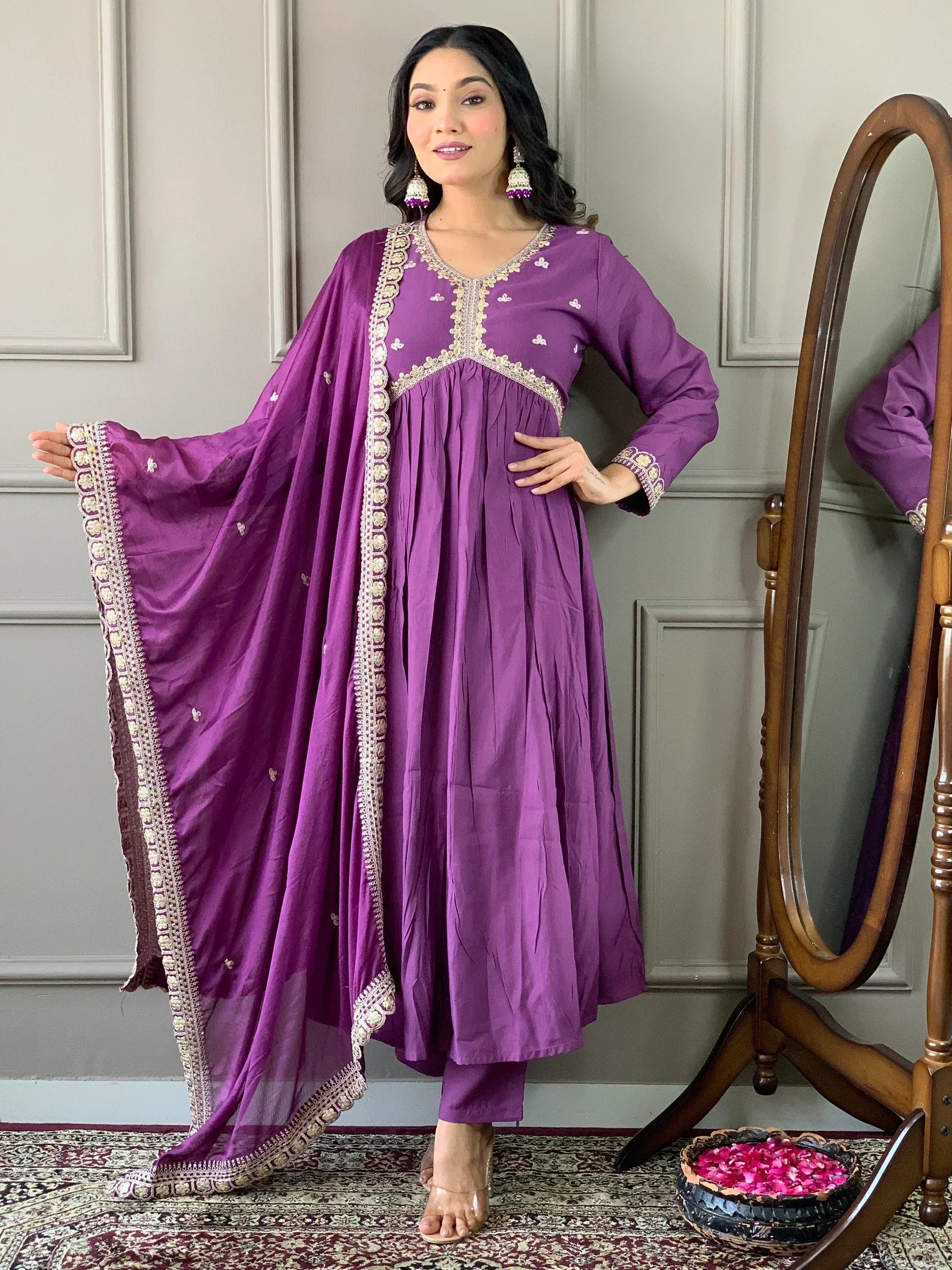 Purple embroidered ethnic anarkali suit with dupatta, perfect for Indian occasions and festivals