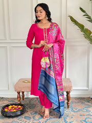Gorgeous Rani Pink Embroidered Viscose Pant Suit With Dupatta