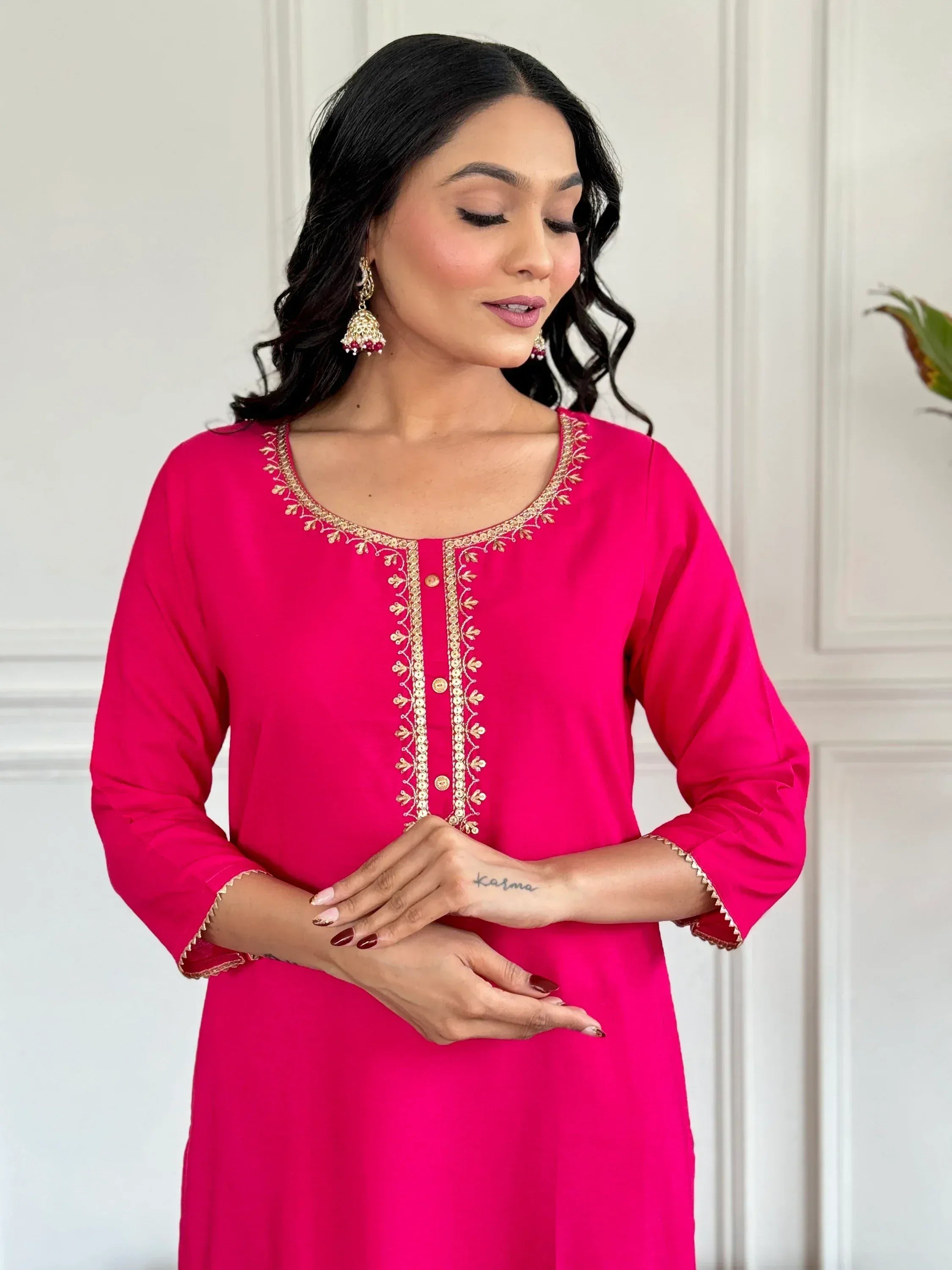 Pink embroidered kurta with gold detailing, Indian ethnic wear for women