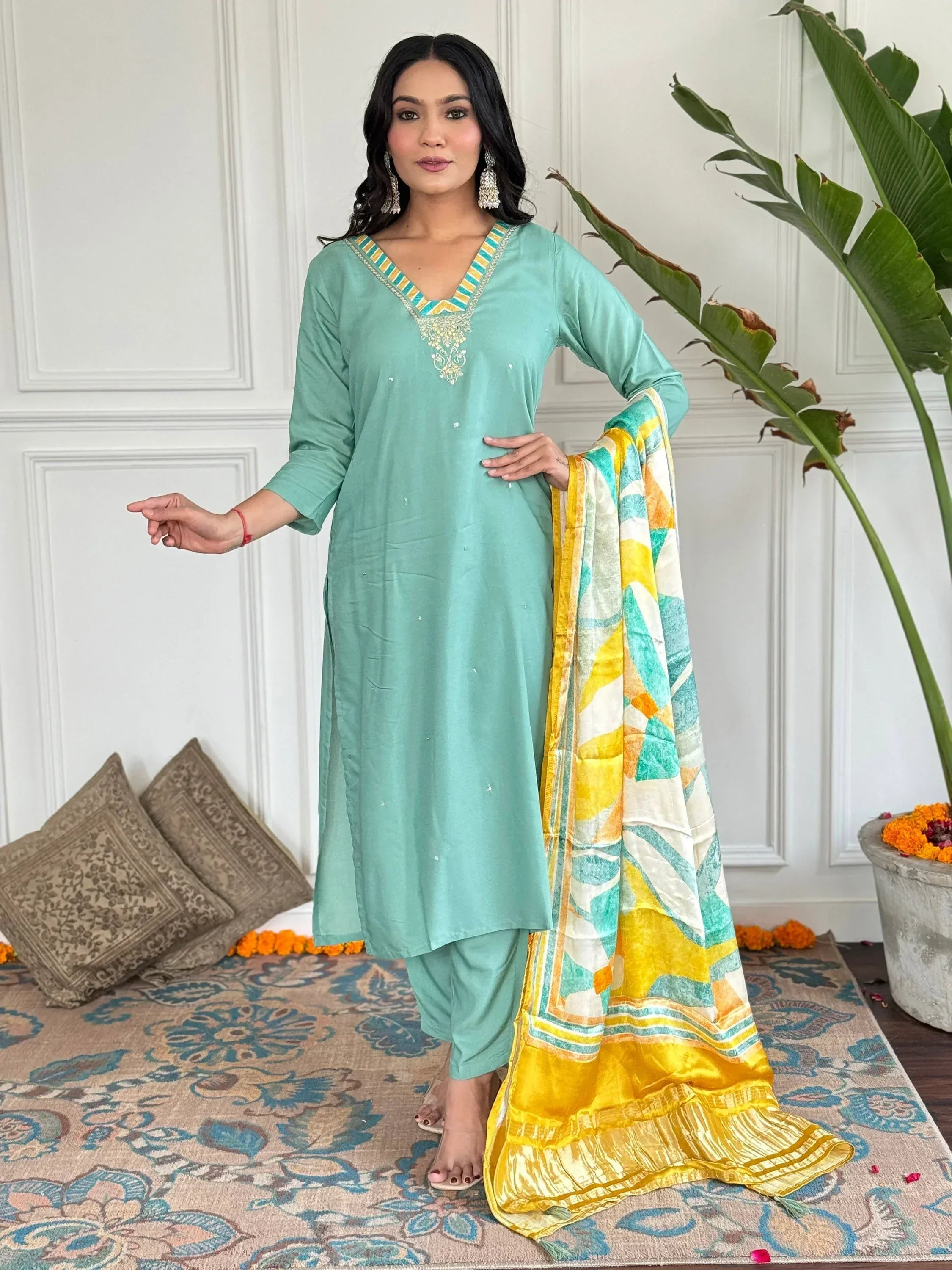 Mint green embroidered salwar kameez with yellow geometric dupatta, ethnic Indian wear