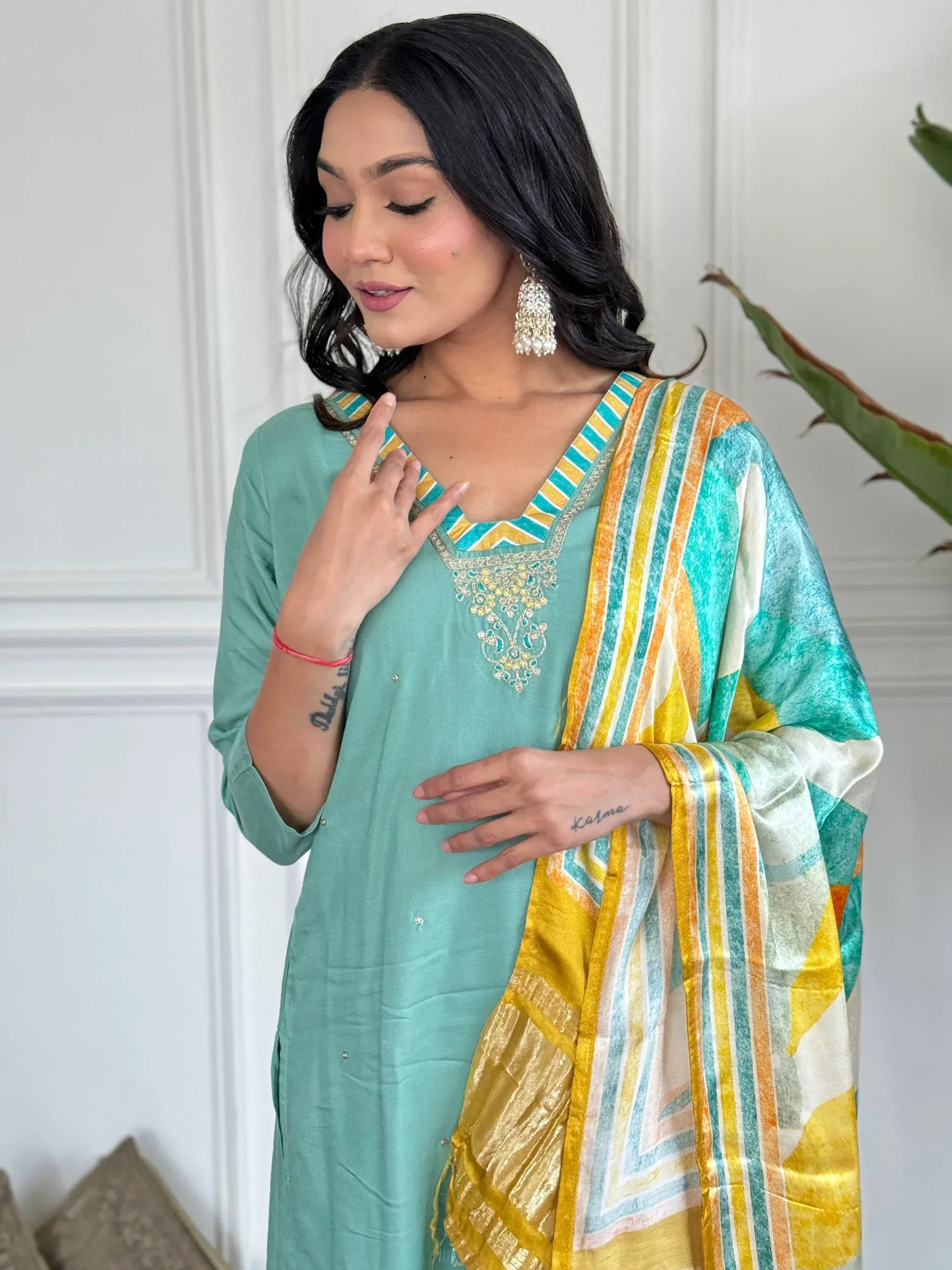 Mint green embroidered kurta with yellow and teal striped dupatta, Indian ethnic wear