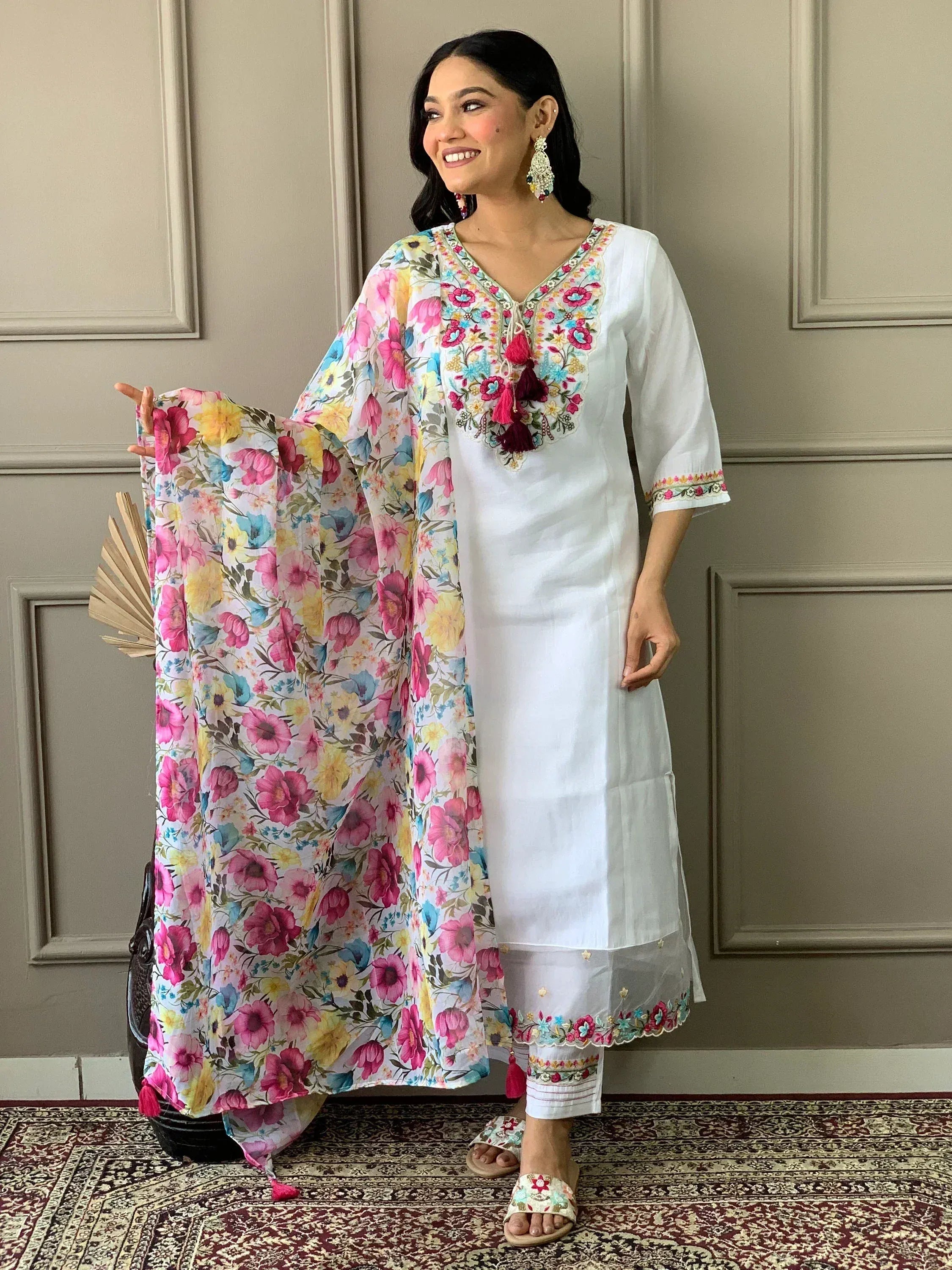 White embroidered kurta with floral dupatta, ethnic Indian wear for women
