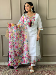 Attractive White Floral Embroidered Chanderi Traditional Pant Suit