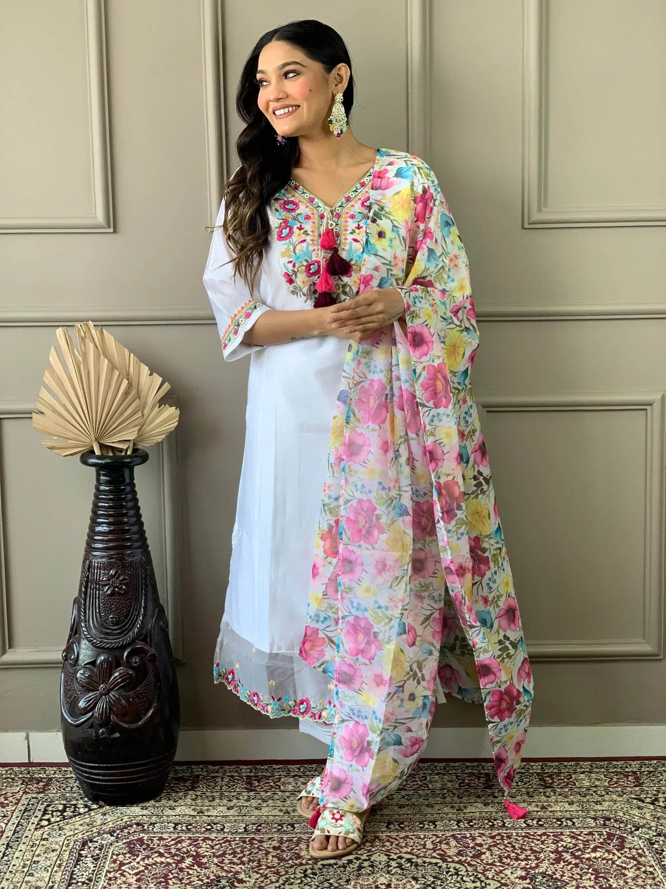 White floral embroidered salwar kameez with colorful dupatta, ethnic Indian wear for women