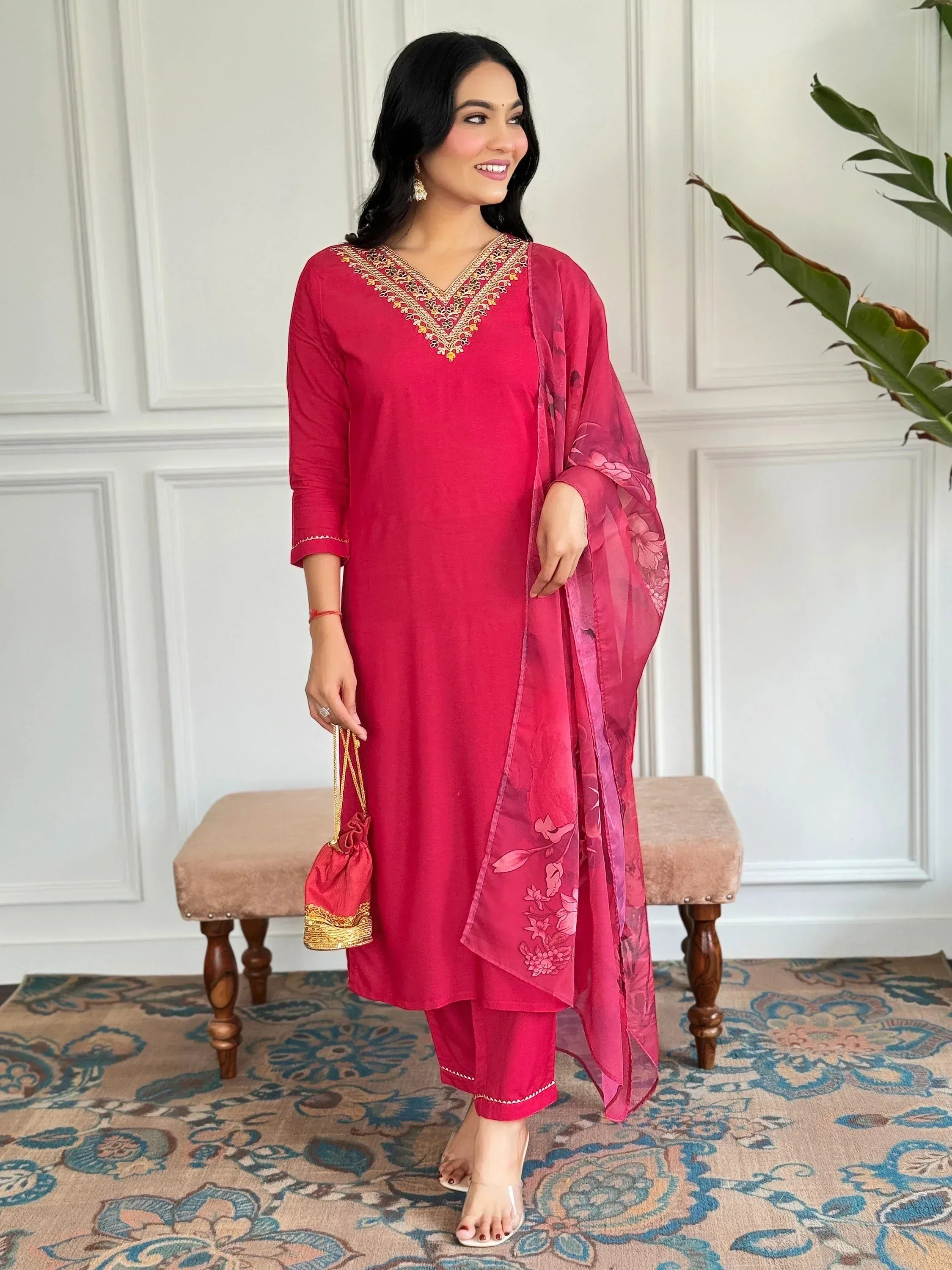 Pink embroidered salwar kameez with floral dupatta, Indian ethnic wear for women
