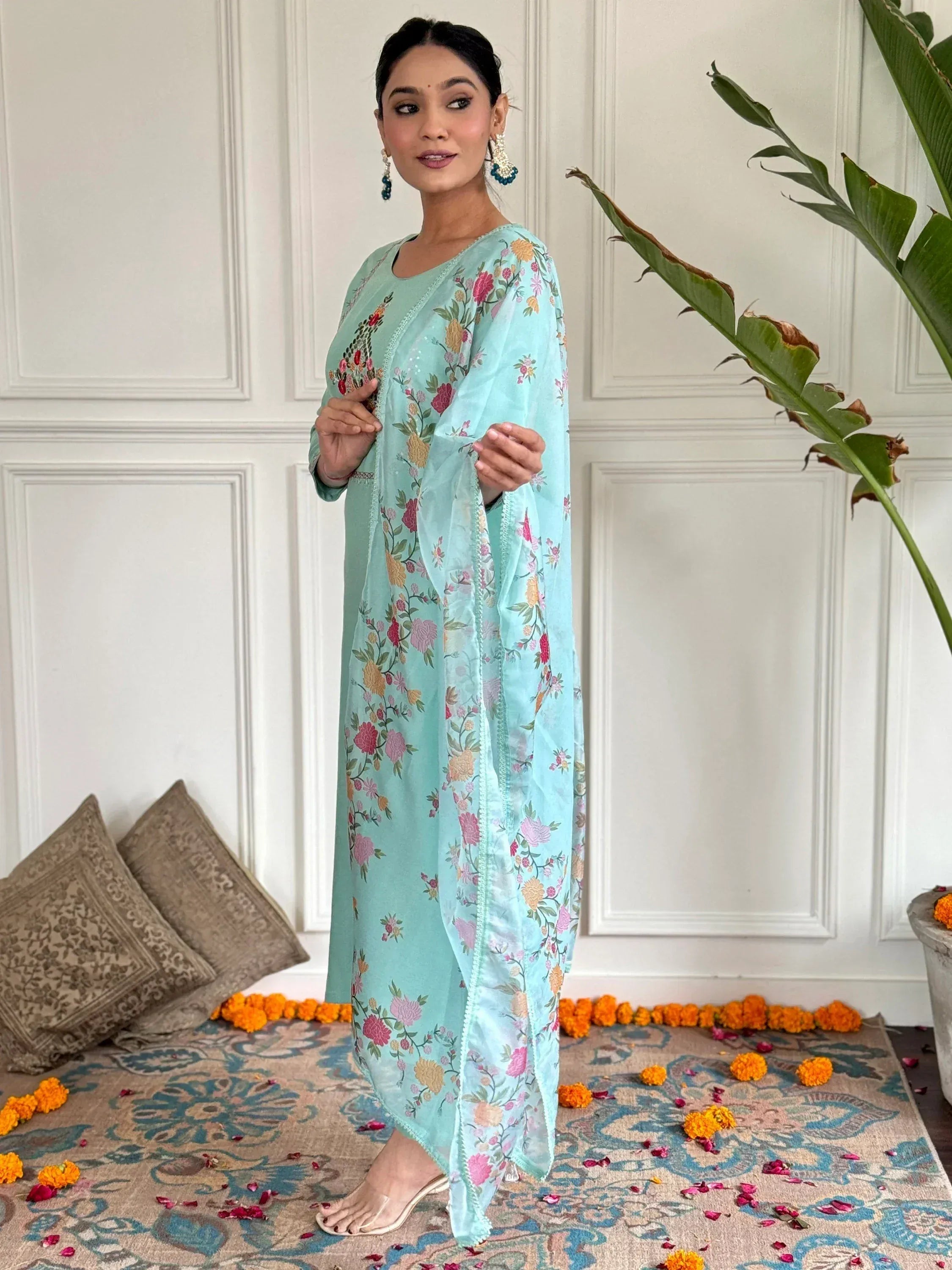 Mint green floral printed salwar kameez with matching dupatta, perfect for Indian ethnic wear occasions.