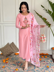Alluring Peach Floral Embroidered Rayon Festival Wear Pant Suit