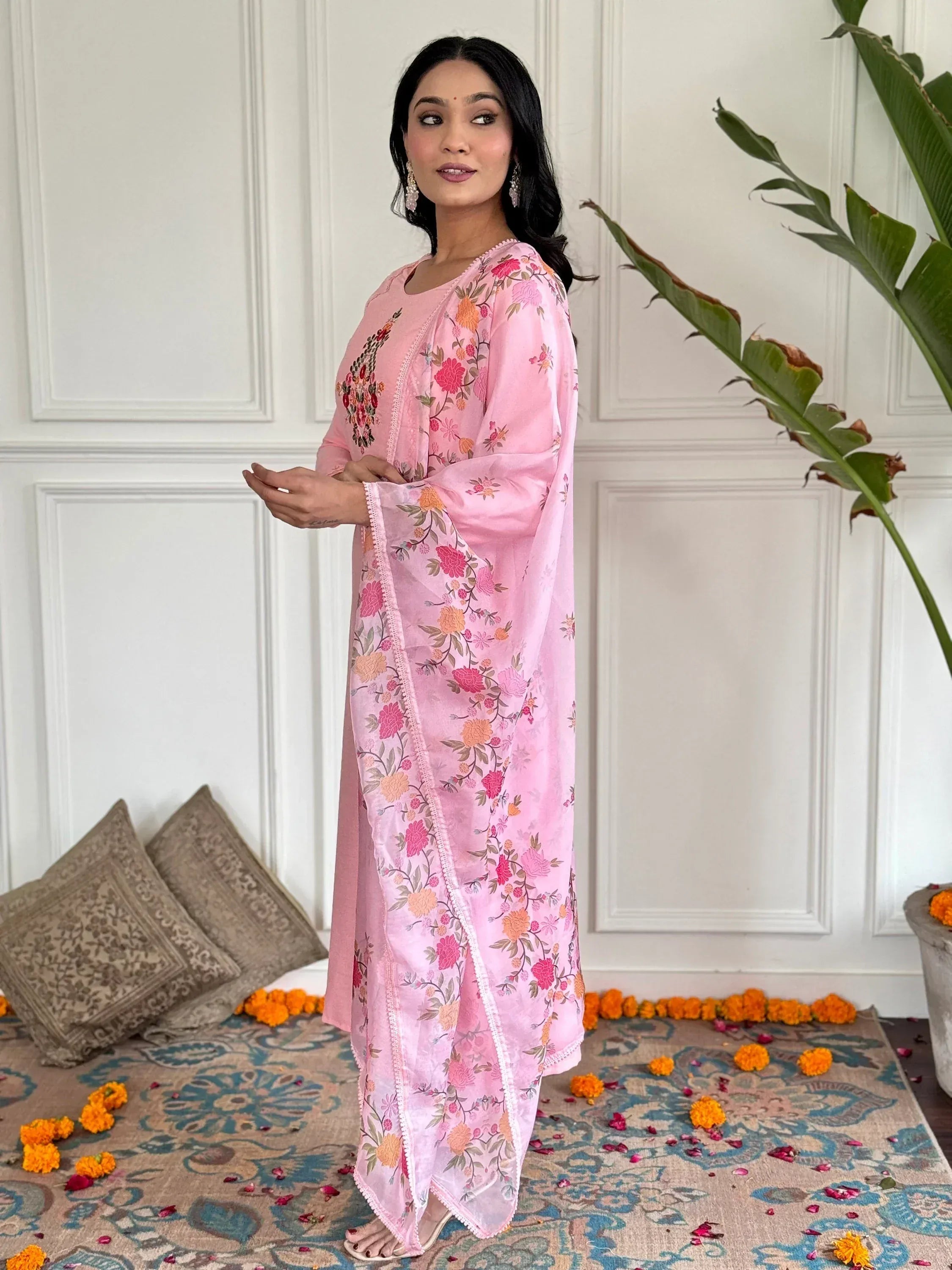Pink floral embroidered salwar kameez with dupatta, Indian ethnic wear for women