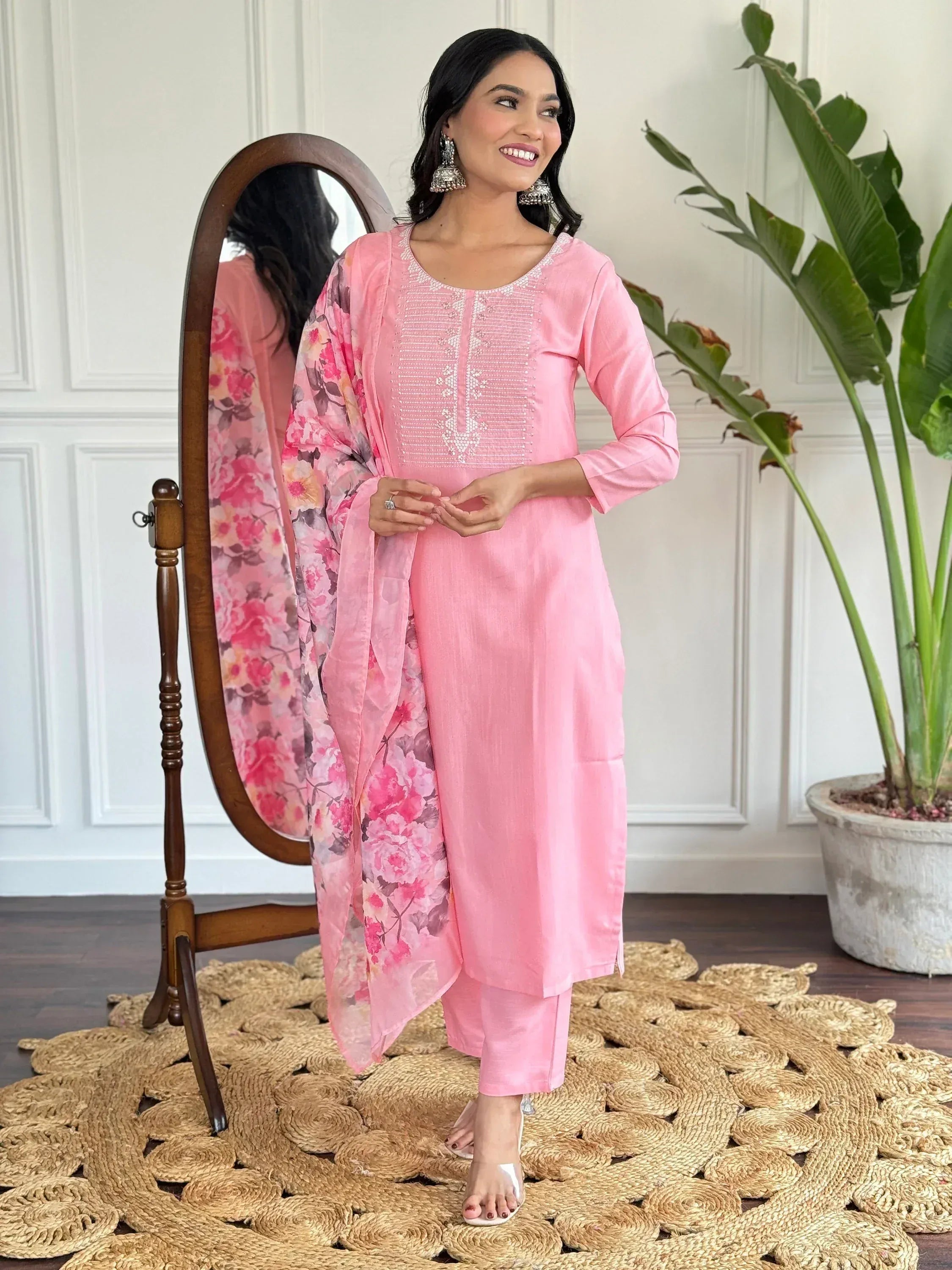 Pink embroidered kurta set with floral dupatta, Indian ethnic wear for women