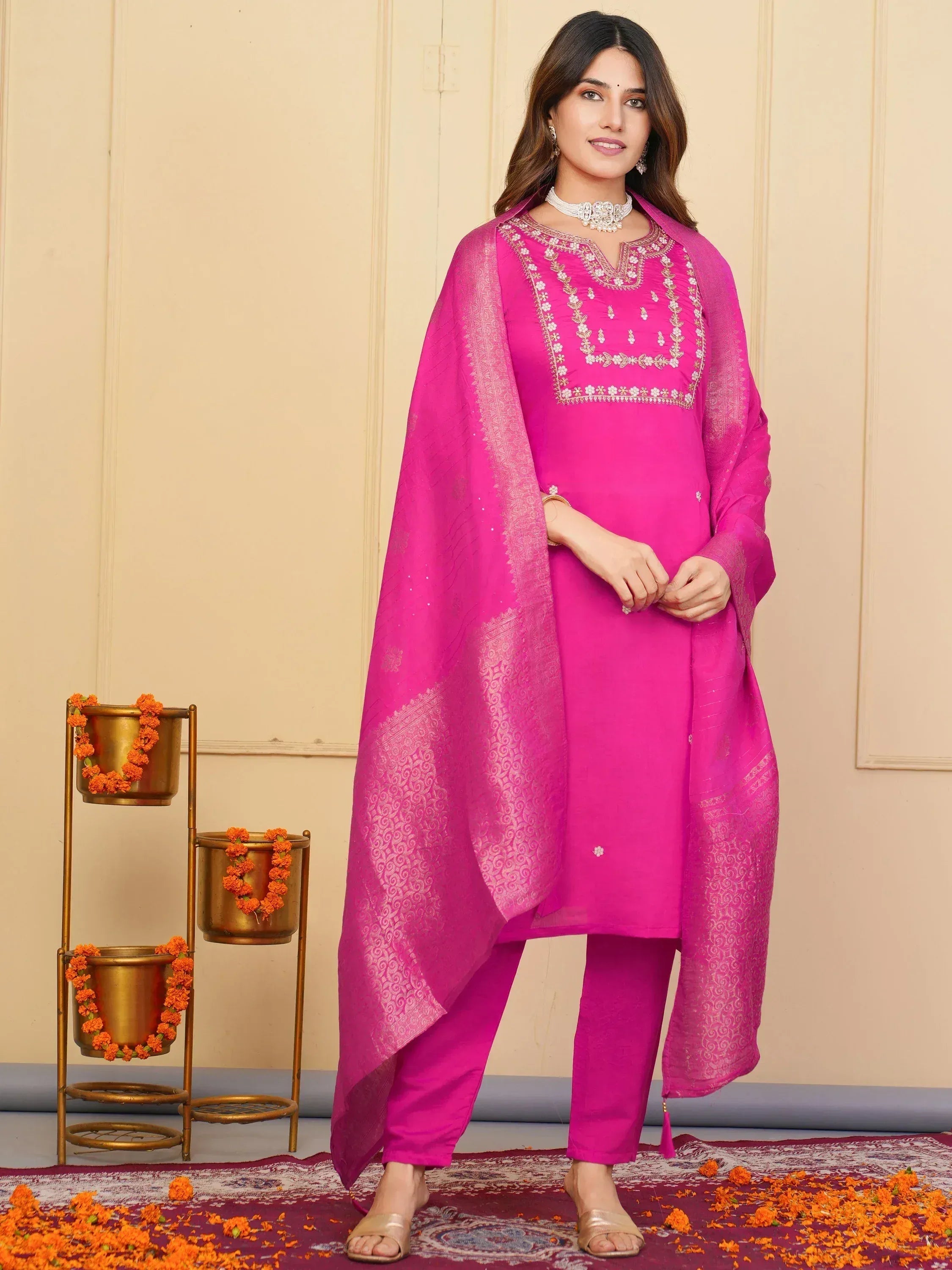 Pink embroidered salwar kameez with matching dupatta, perfect for Indian ethnic occasions