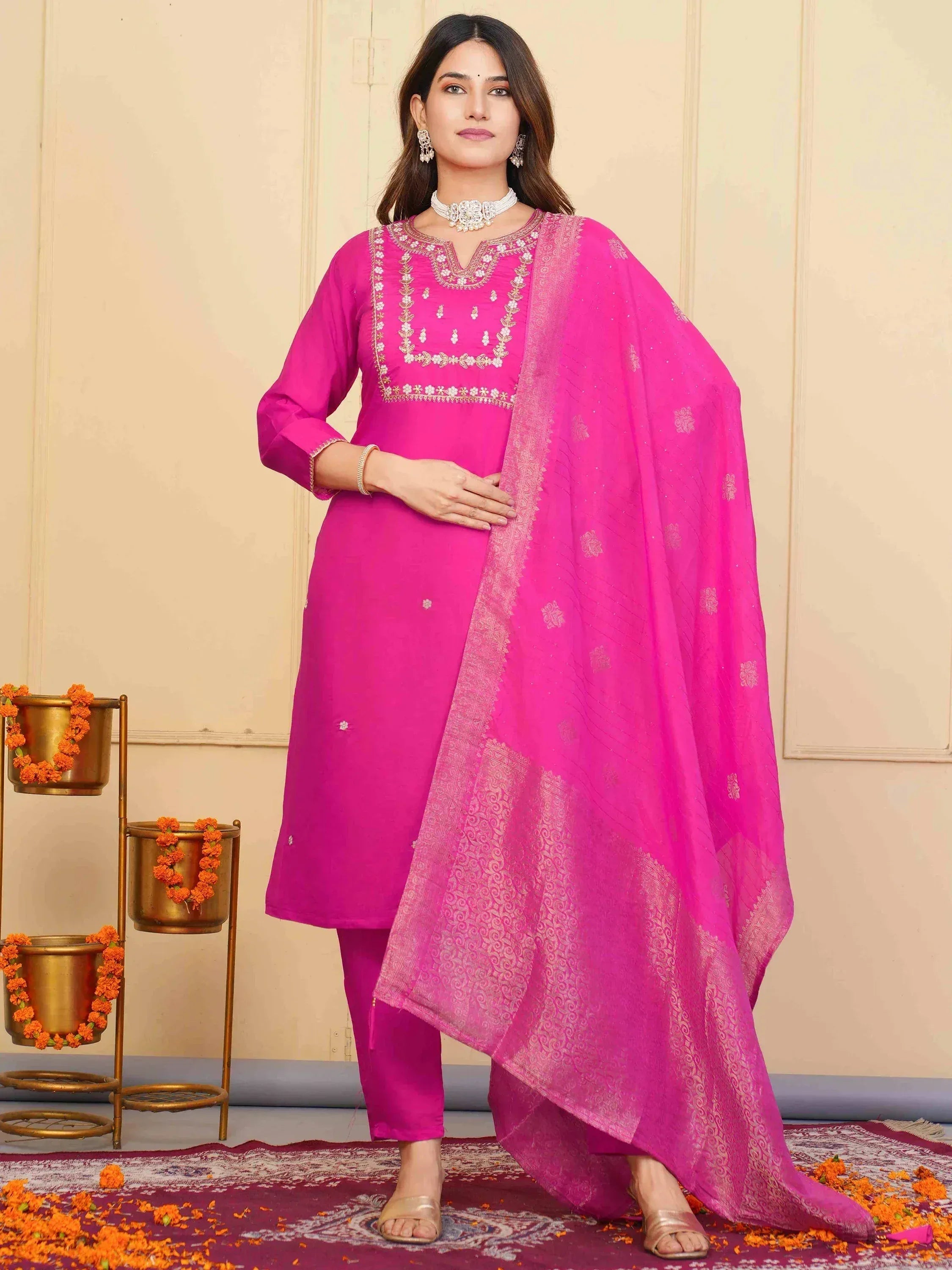 Pink embroidered salwar kameez with matching dupatta, ethnic wear for women