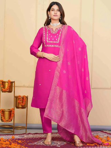 Fantastic Pink Zari Embroidered Viscose Festival Wear Pant Suit