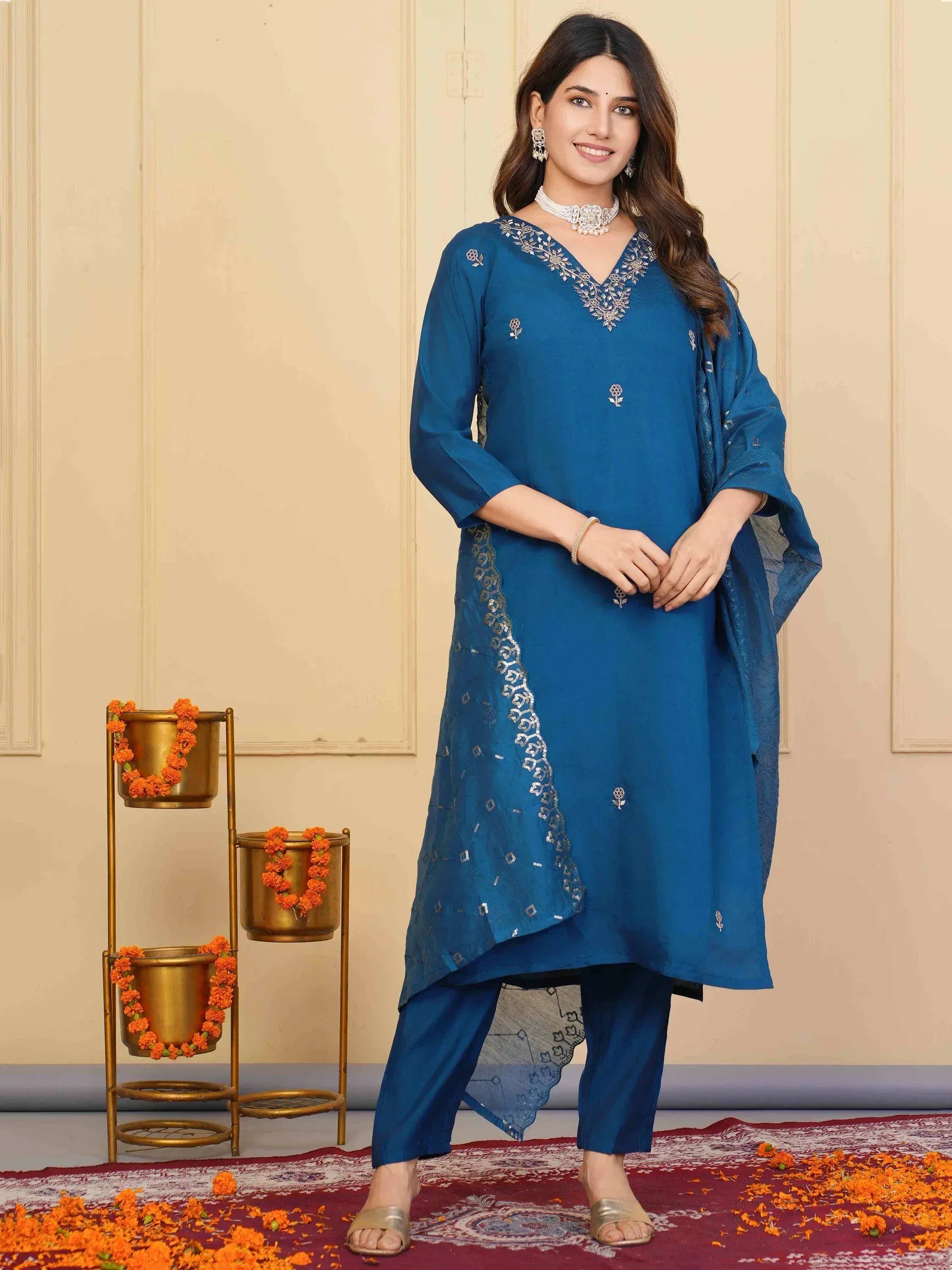 Blue embroidered ethnic kurta with palazzo pants and dupatta, perfect for Indian occasions
