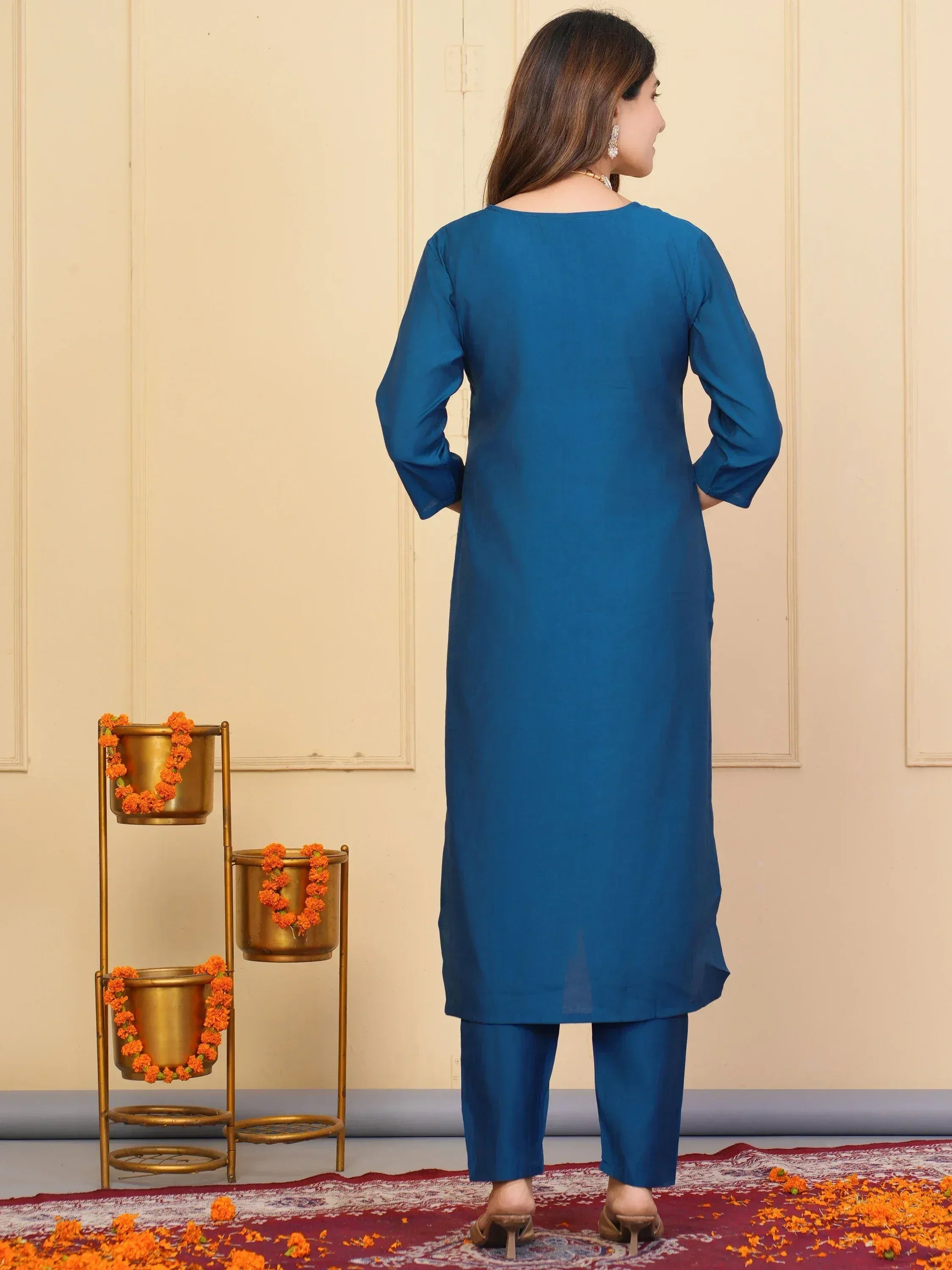 Blue ethnic kurta set with matching pants, perfect for Indian wear occasions