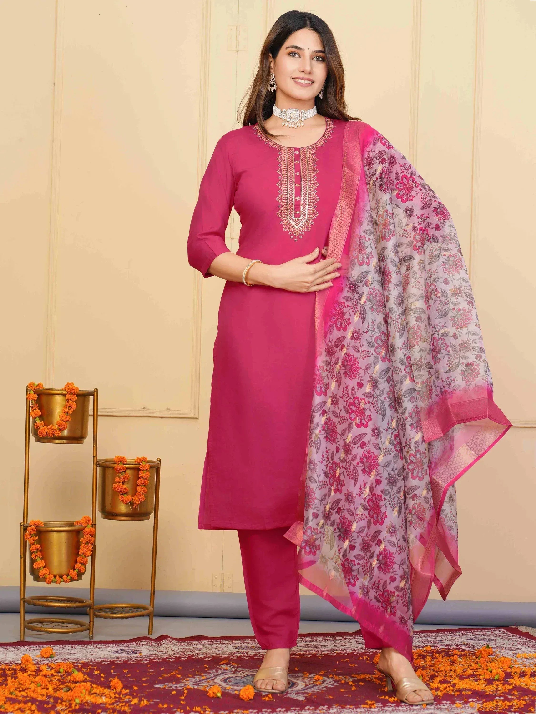 Pink embroidered salwar kameez with floral dupatta, traditional Indian ethnic wear for women
