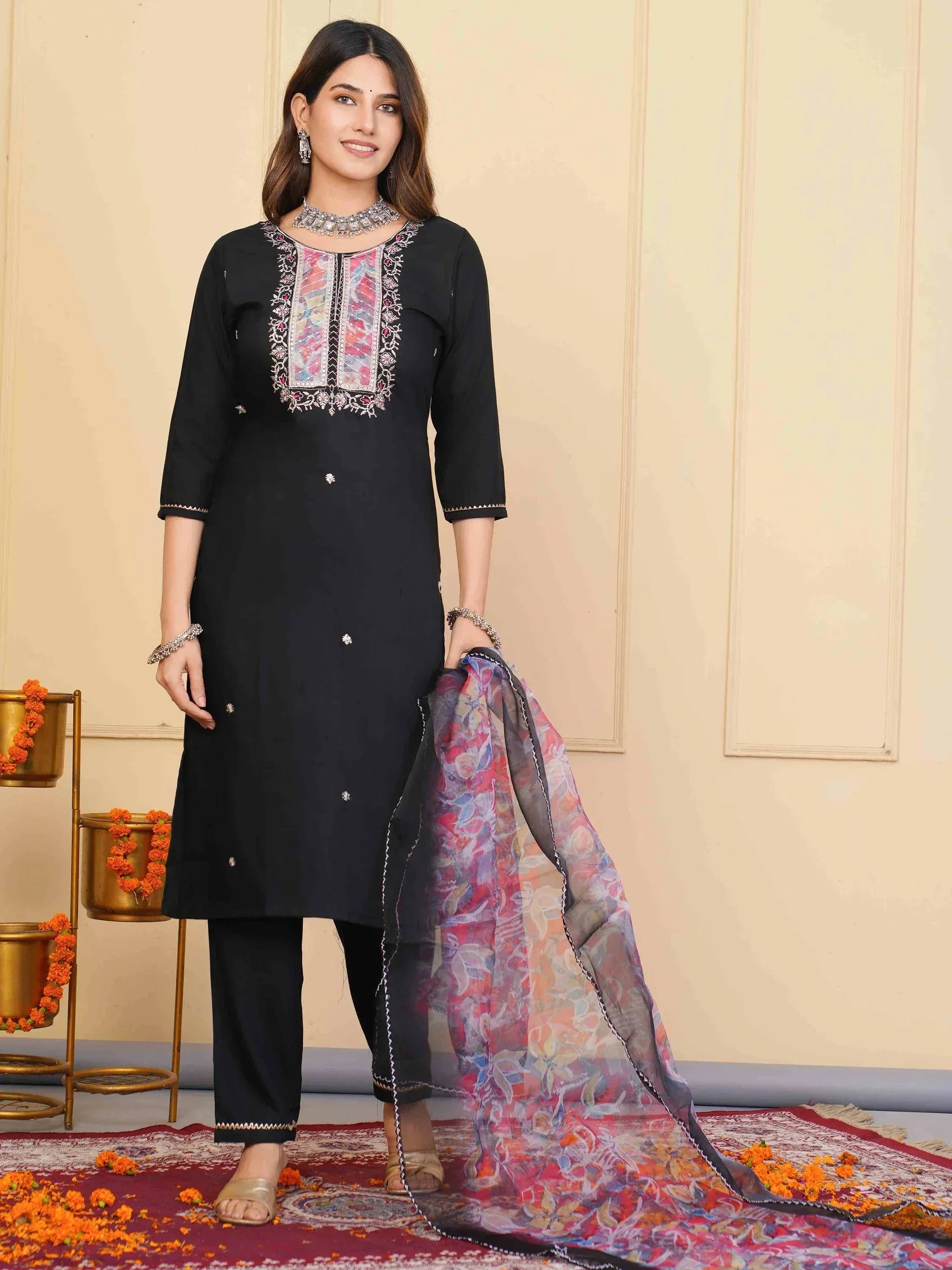 Black embroidered kurti with floral dupatta, ethnic wear for women