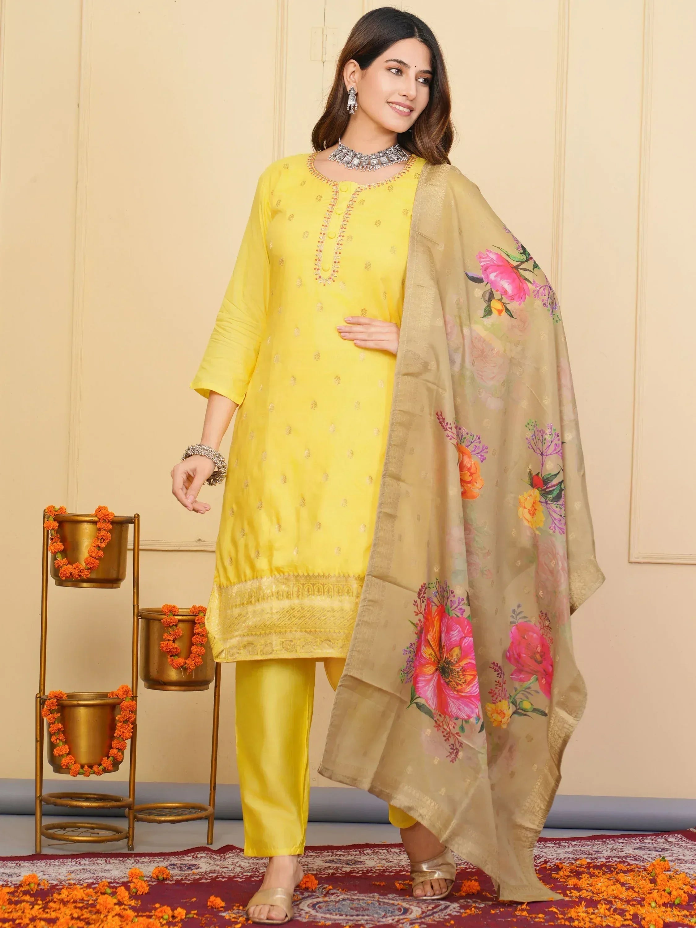 Yellow embroidered salwar kameez with floral dupatta, ethnic Indian wear for women