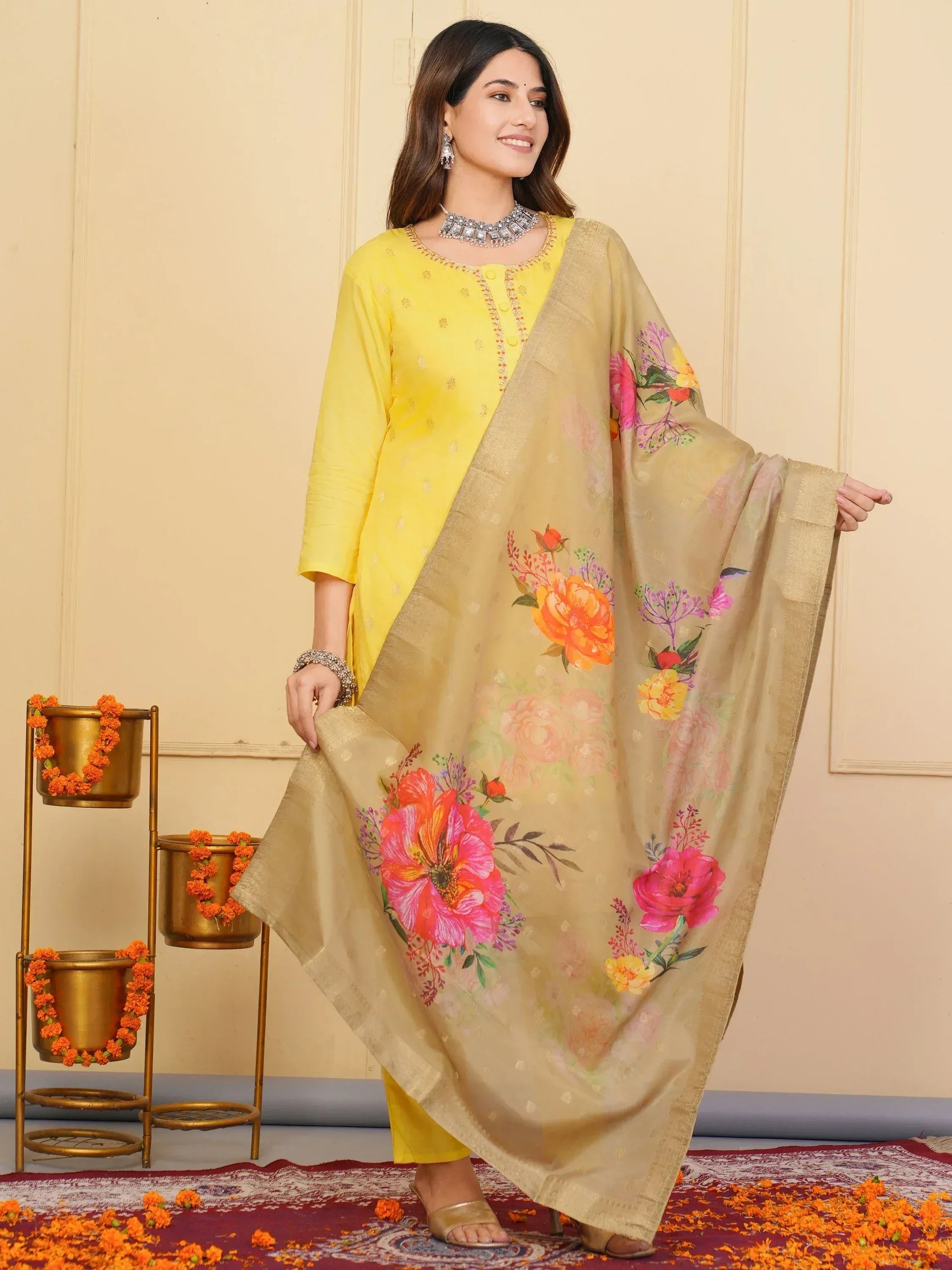 Yellow ethnic kurta with floral dupatta, perfect for Indian festive occasions and weddings