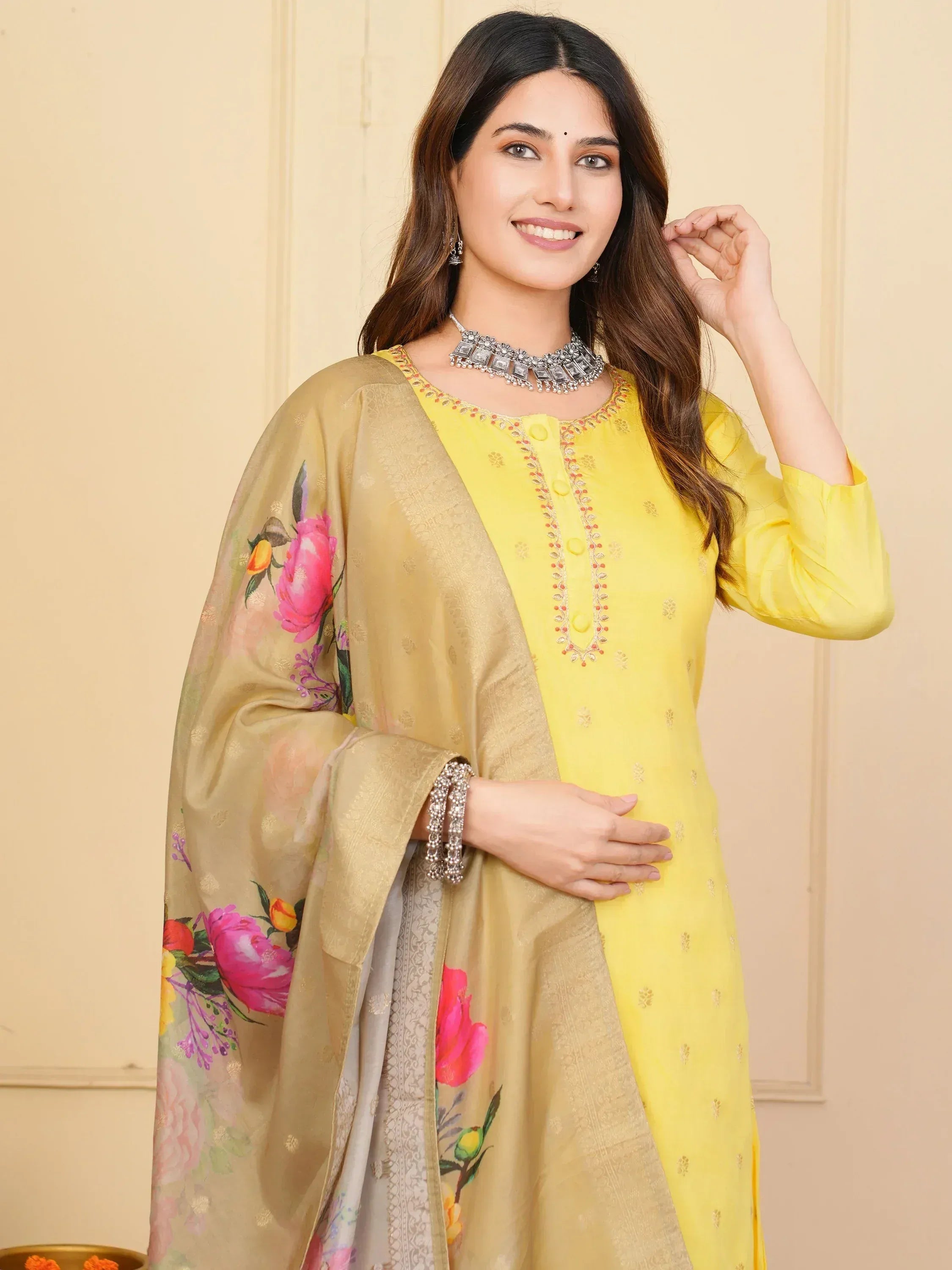 Yellow embroidered kurta with floral dupatta, Indian ethnic wear for women