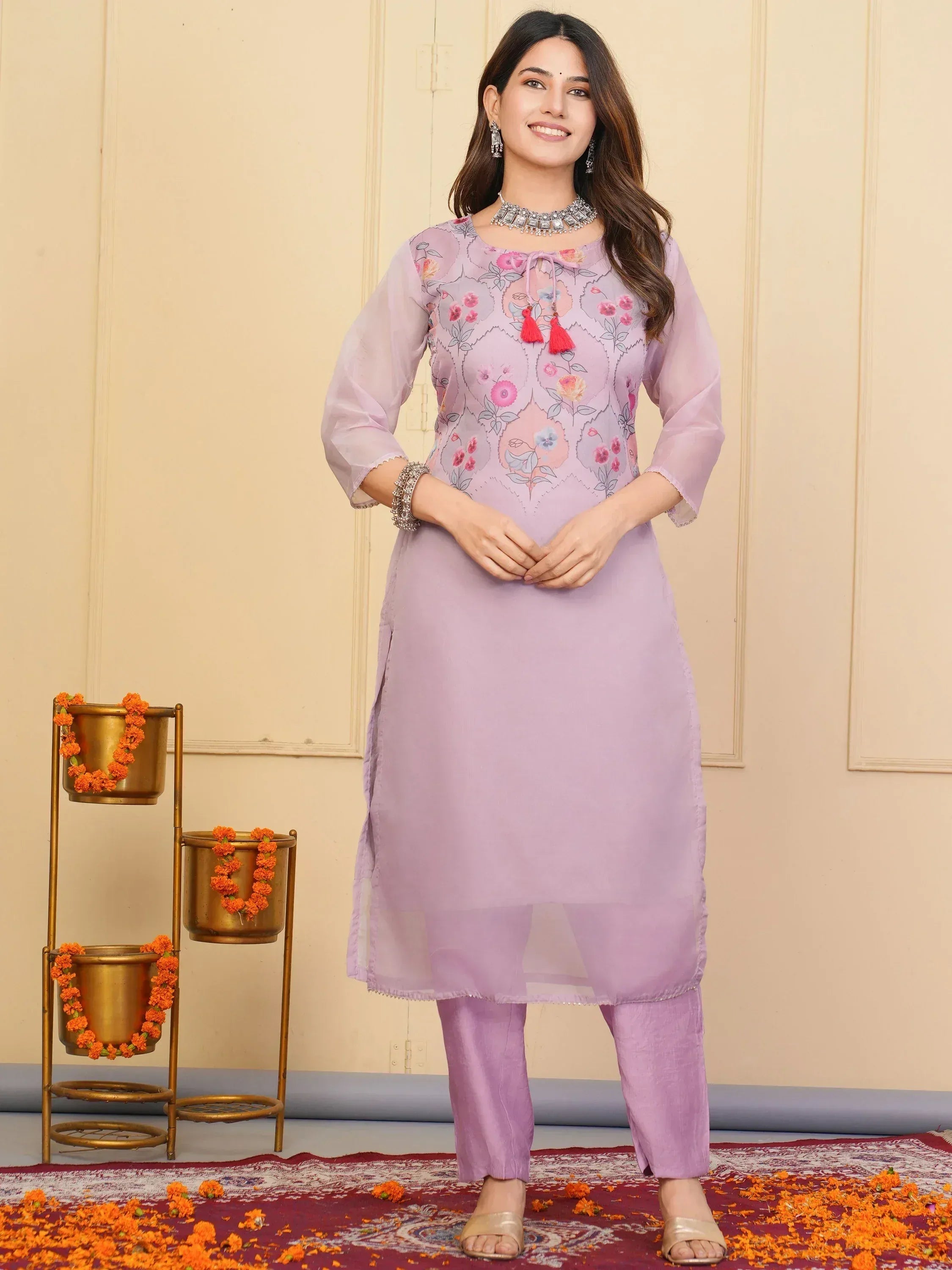 Lavender floral print kurta with matching pants, ethnic wear for women, perfect for festive occasions