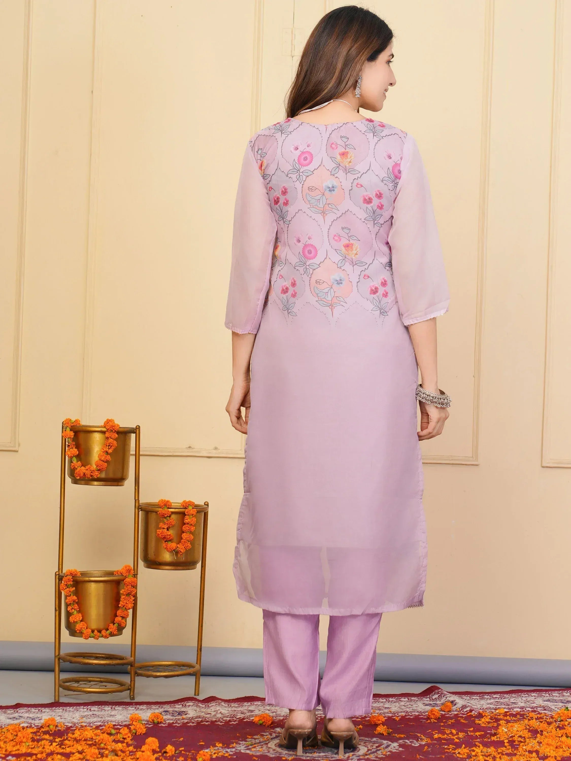Lavender floral printed kurta with matching pants, Indian ethnic wear for women