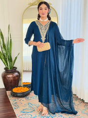 Amazing Teal Blue Embroidered Rayon Event Wear Pant Suit