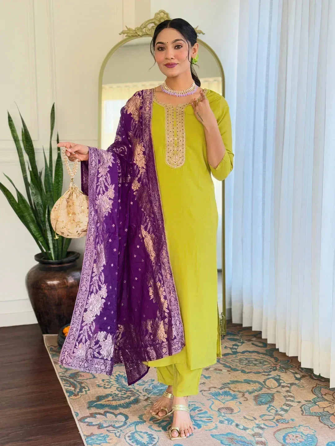 Lime green embroidered kurta with purple floral dupatta, Indian ethnic wear for women