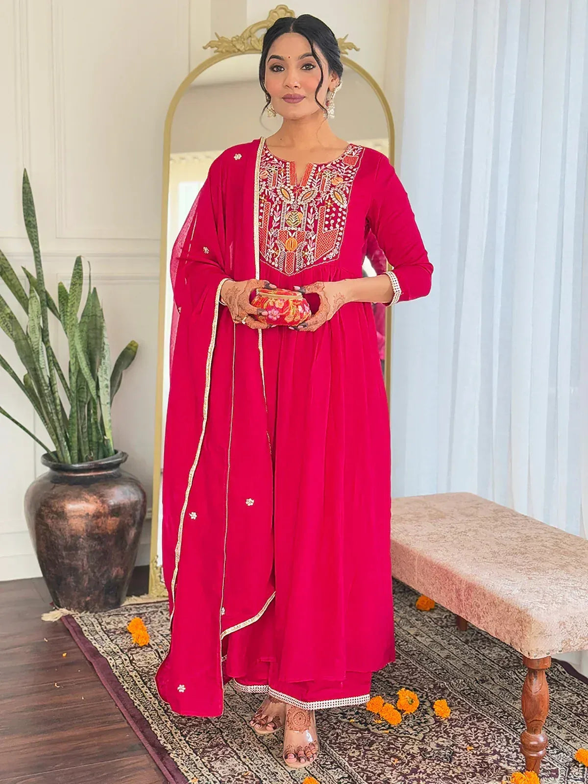 Red embroidered anarkali suit with palazzo pants, perfect for Indian ethnic wear occasions