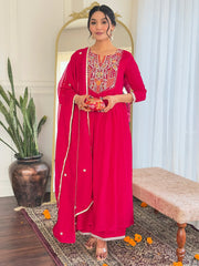 Bewitching Red Viscose Thread Embroidered Festival Wear Pant Suit