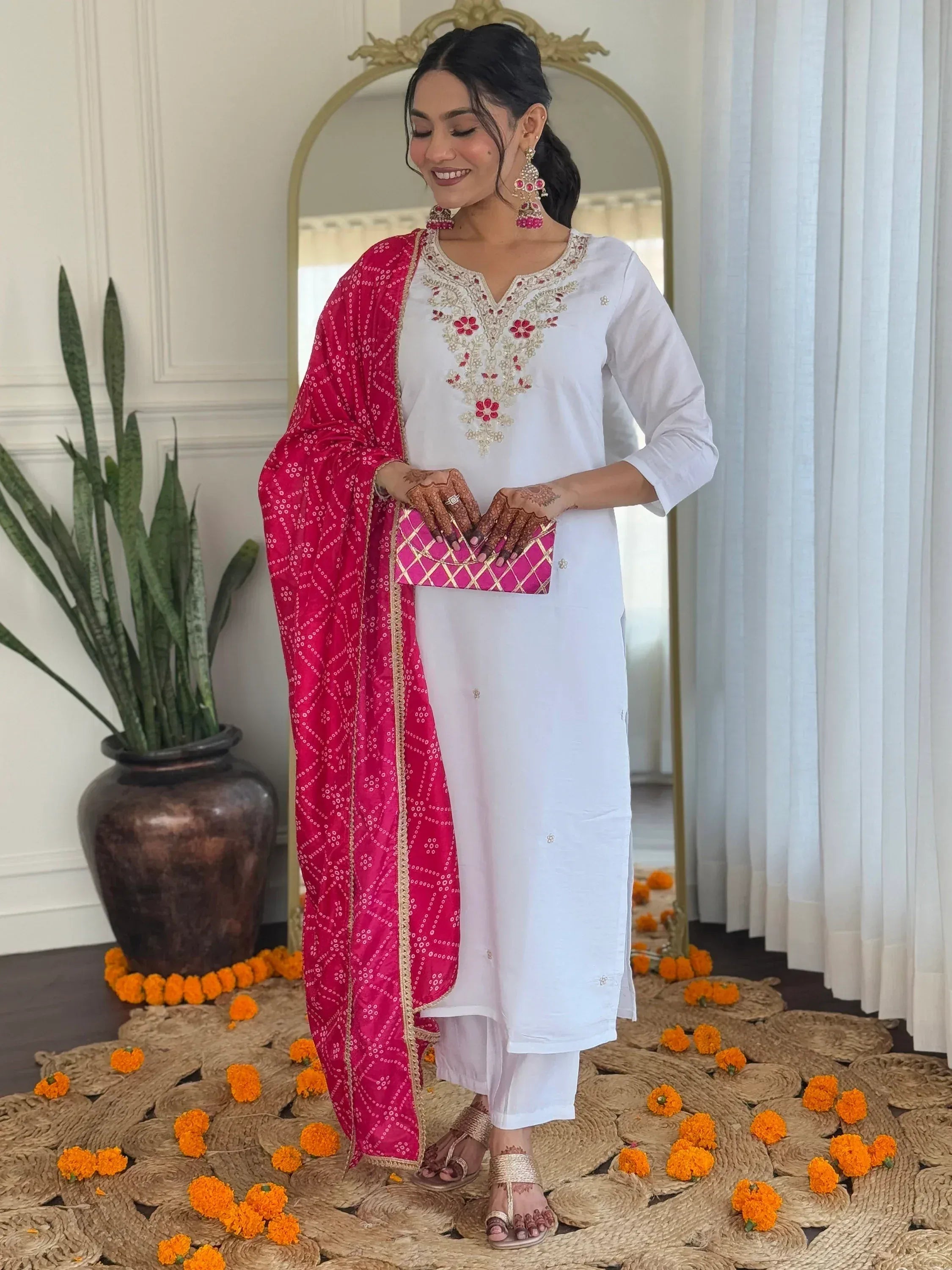 White embroidered kurta with pink dupatta, ethnic wear for women, festive Indian outfit with floral details