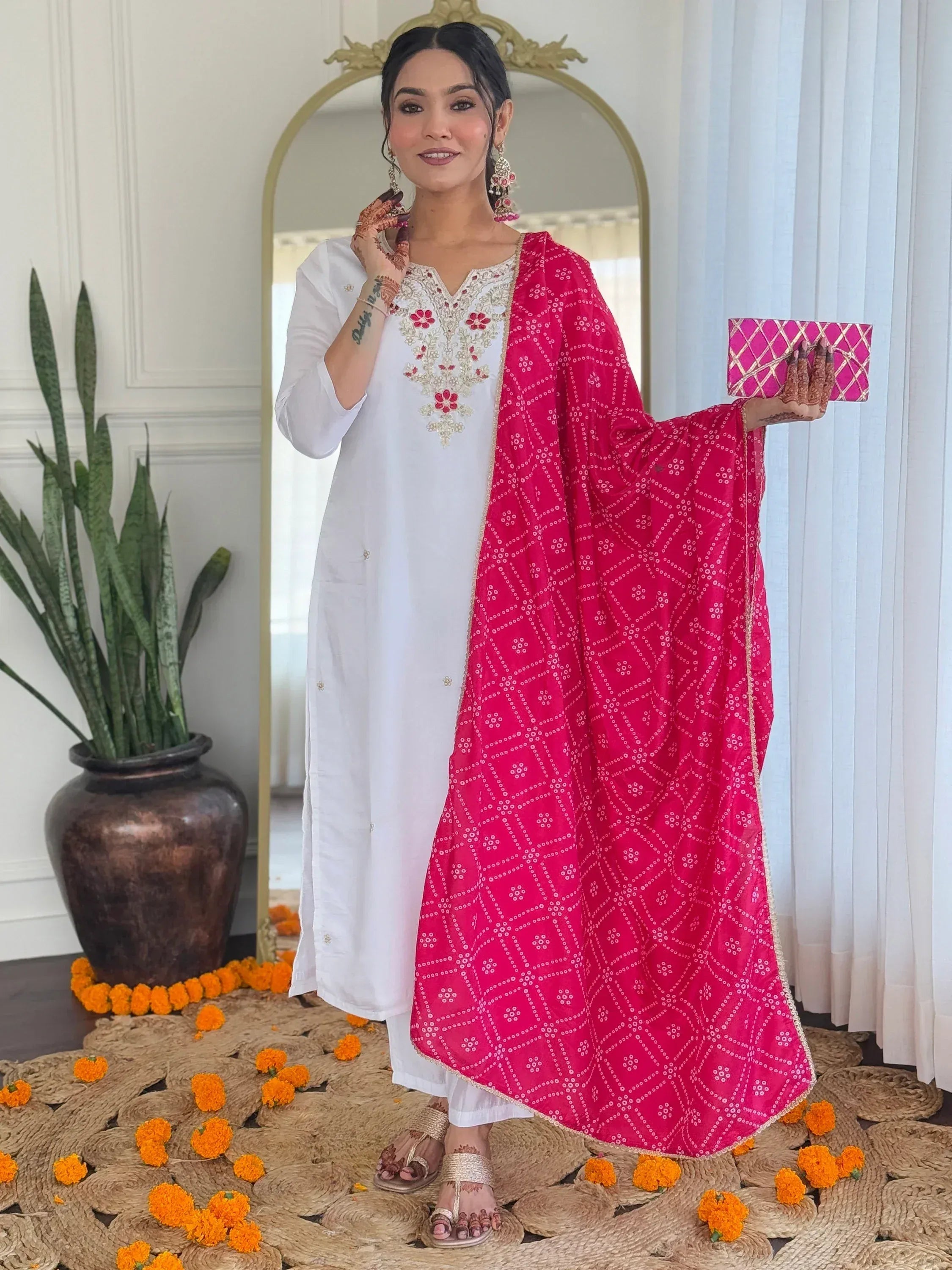 White embroidered kurta with pink bandhani dupatta, ethnic wear for women, festive Indian outfit
