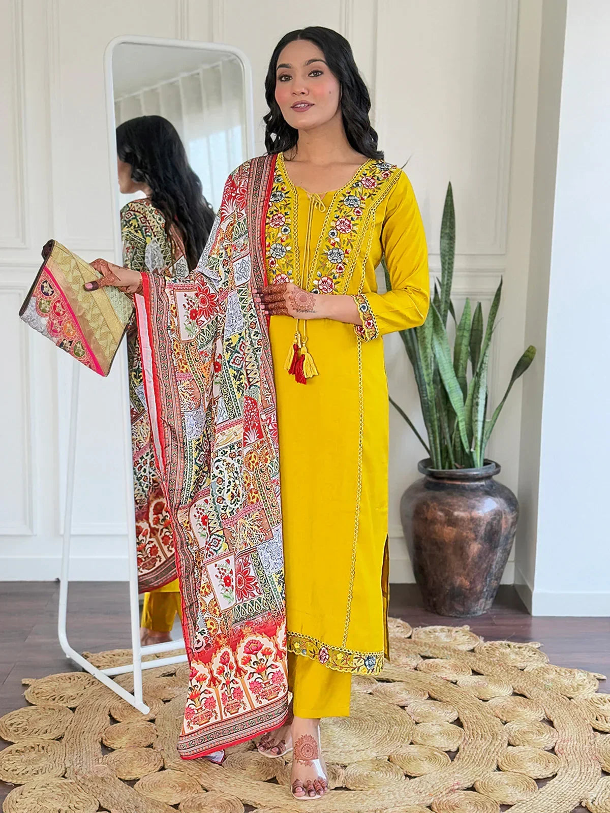 Stunning Yellow Floral Embroidered Viscose Event Wear Pant Suit