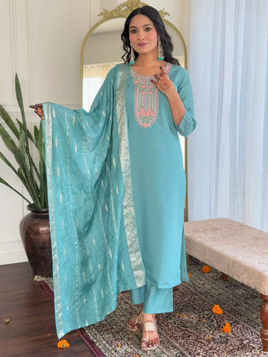 Gorgeous Sky Blue Thread Embroidered Chanderi Pant Suit With Dupatta