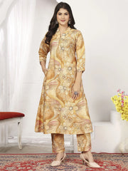Charming Beige Floral Printed Chanderi Traditional Kurti With Pant