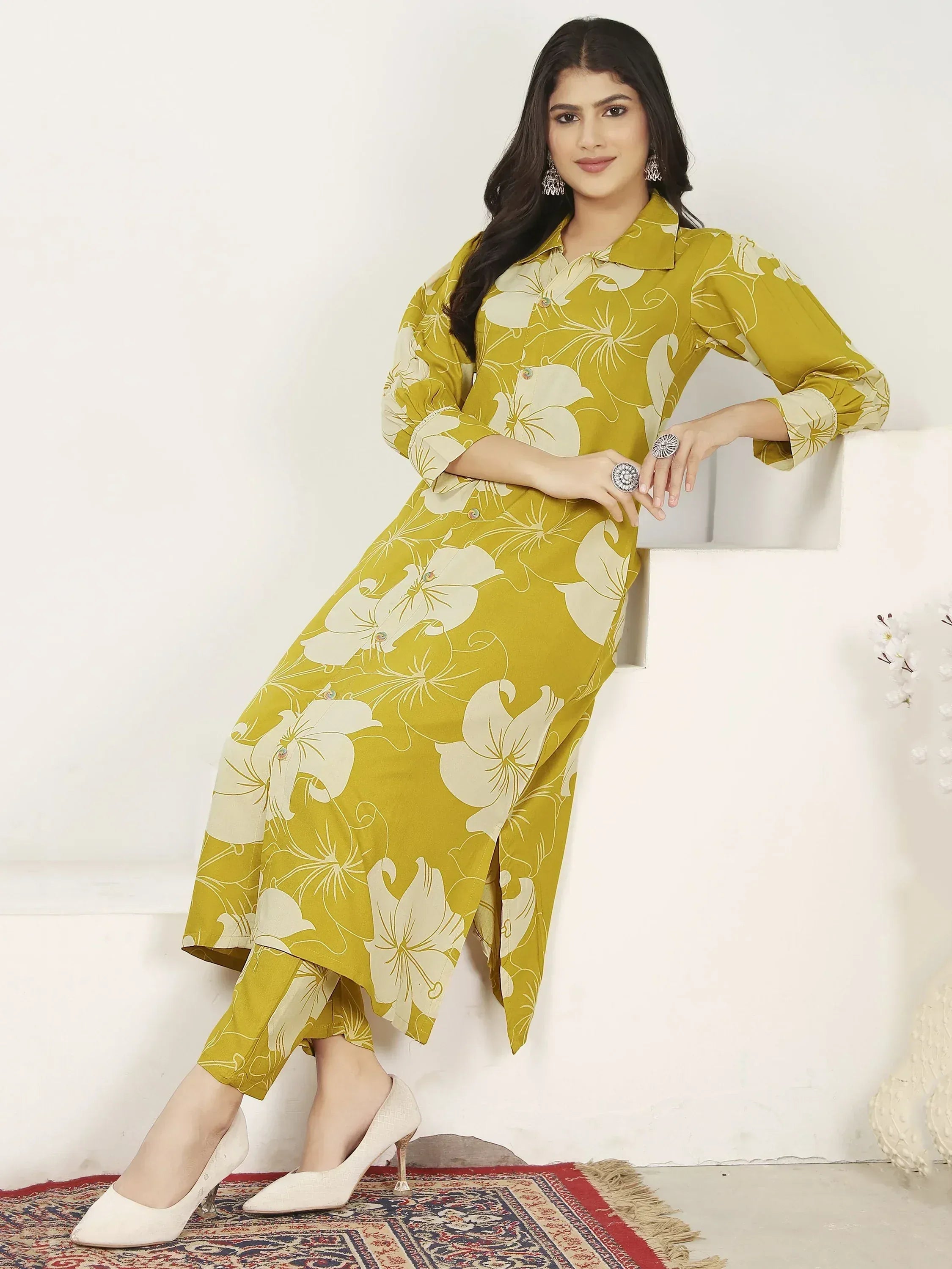 Yellow floral printed kurta with matching pants, stylish ethnic wear for women