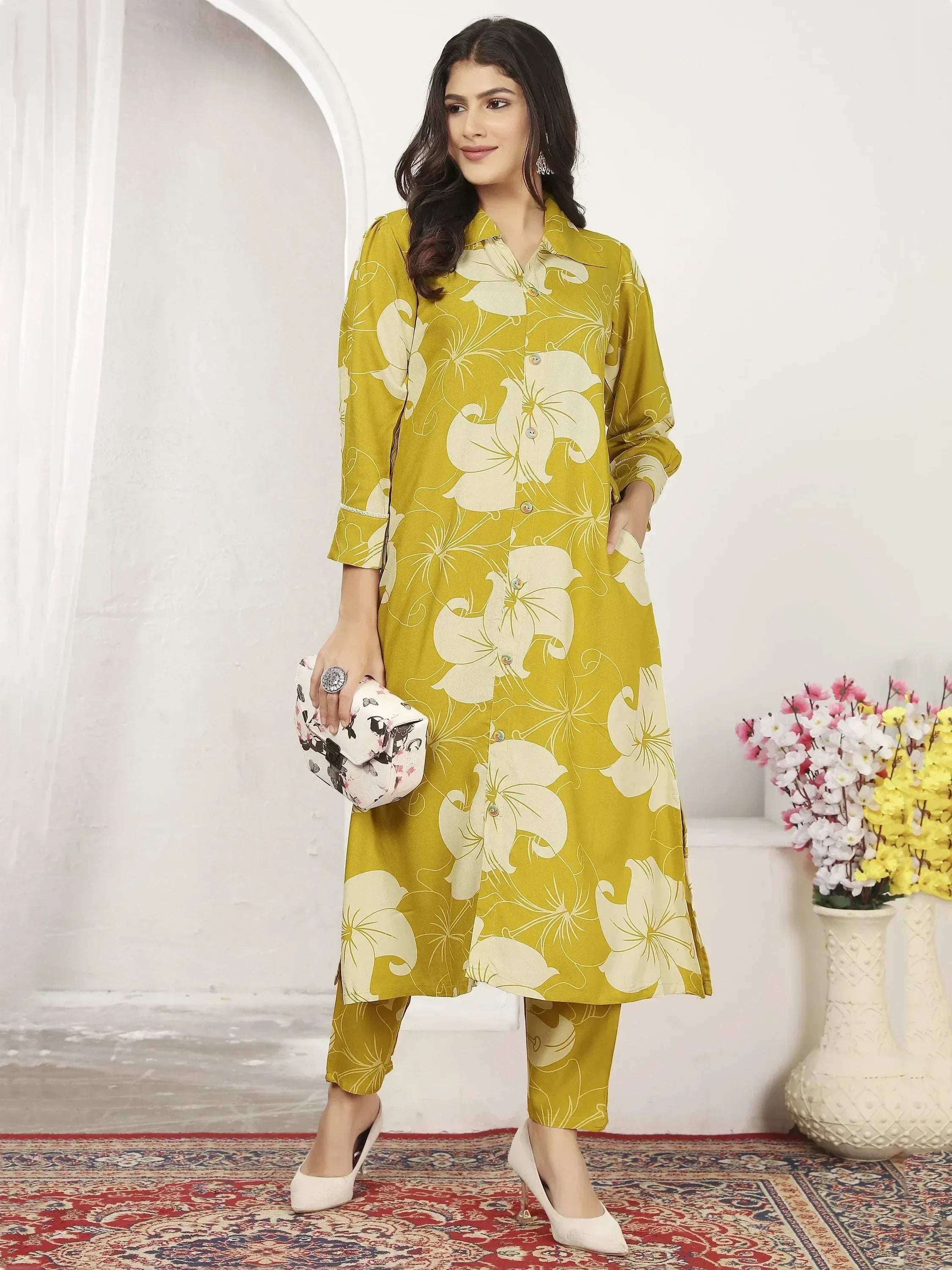 Yellow floral print salwar kameez with matching pants, ideal for ethnic wear and casual occasions