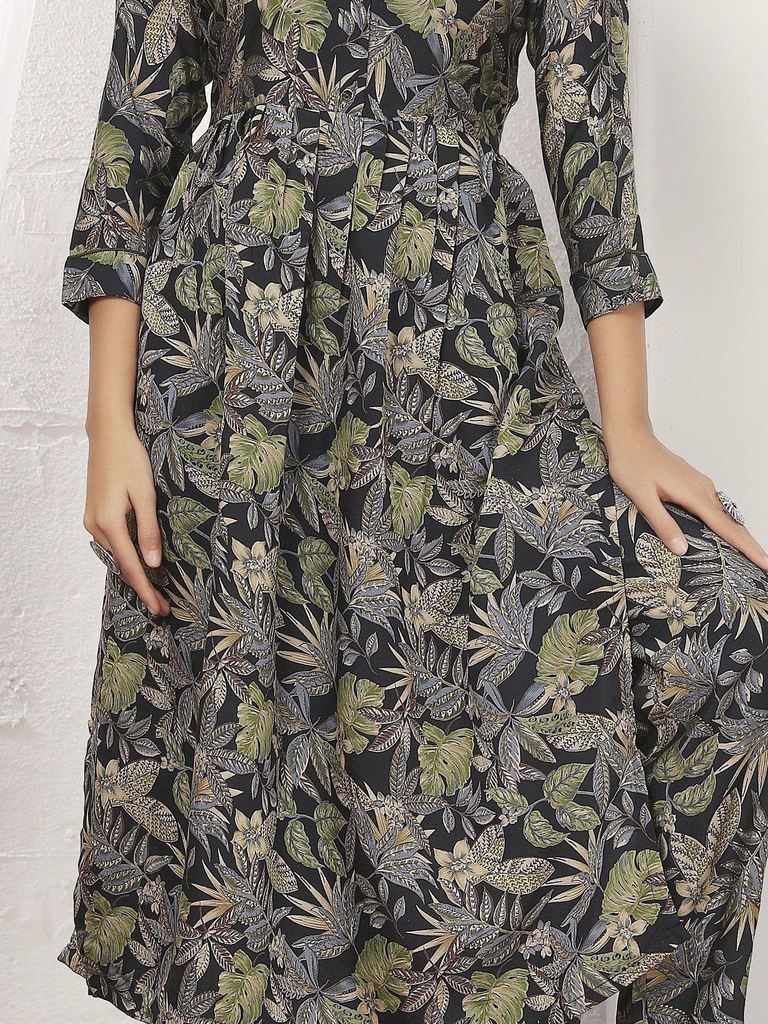 Black ethnic gown with green leaf print, 3/4 sleeves, flared skirt for women