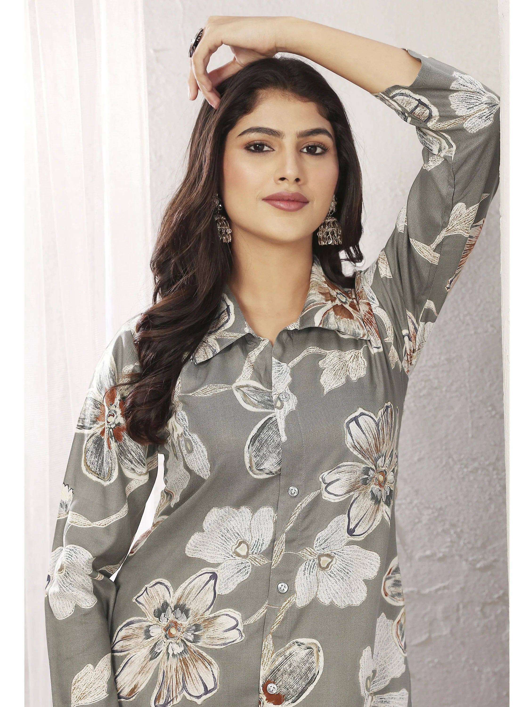 Grey floral print ethnic kurta with button front, perfect for casual wear