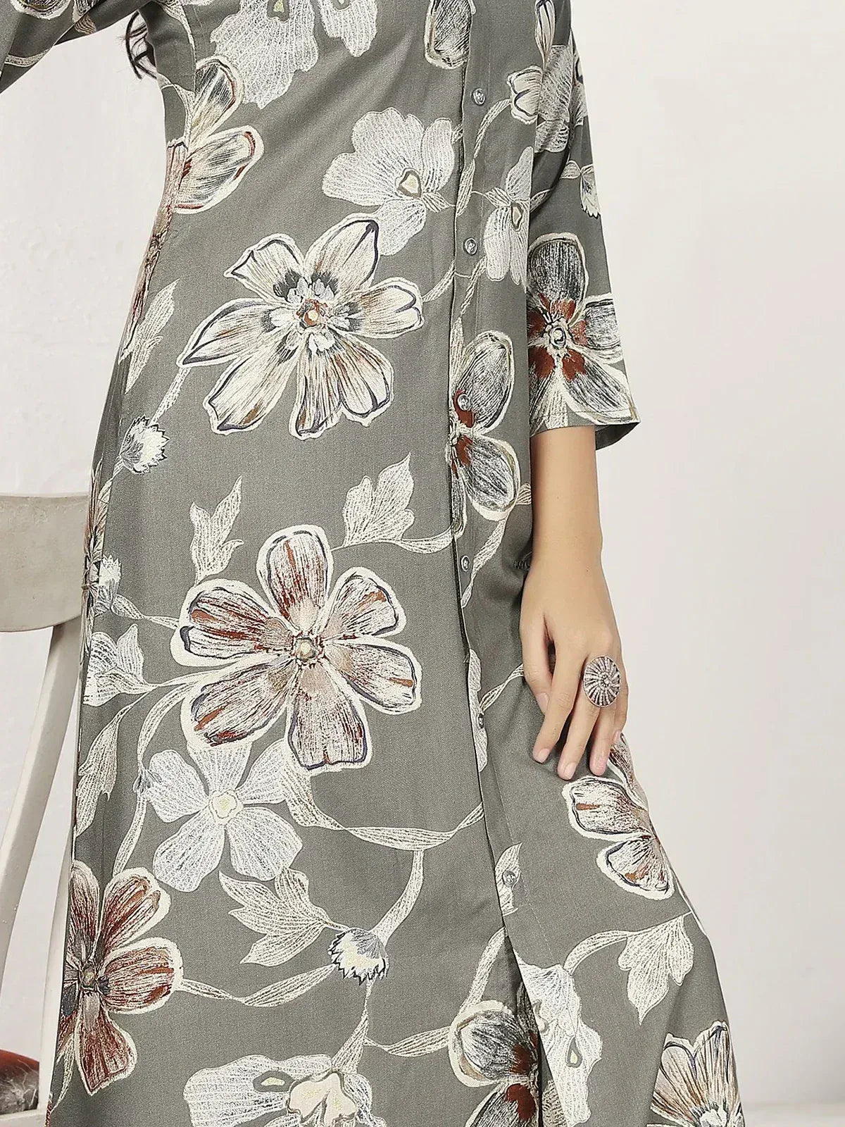 Grey floral print ethnic gown with button front and bell sleeves, stylish Indian wear