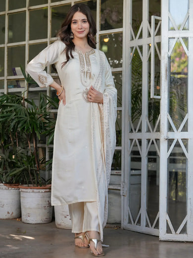 Incredible Off-White Embroidered Viscose Traditional Pant Suit