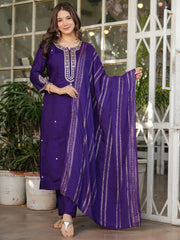 Wonderful Purple Embroidered Viscose Event Wear Pant Suit