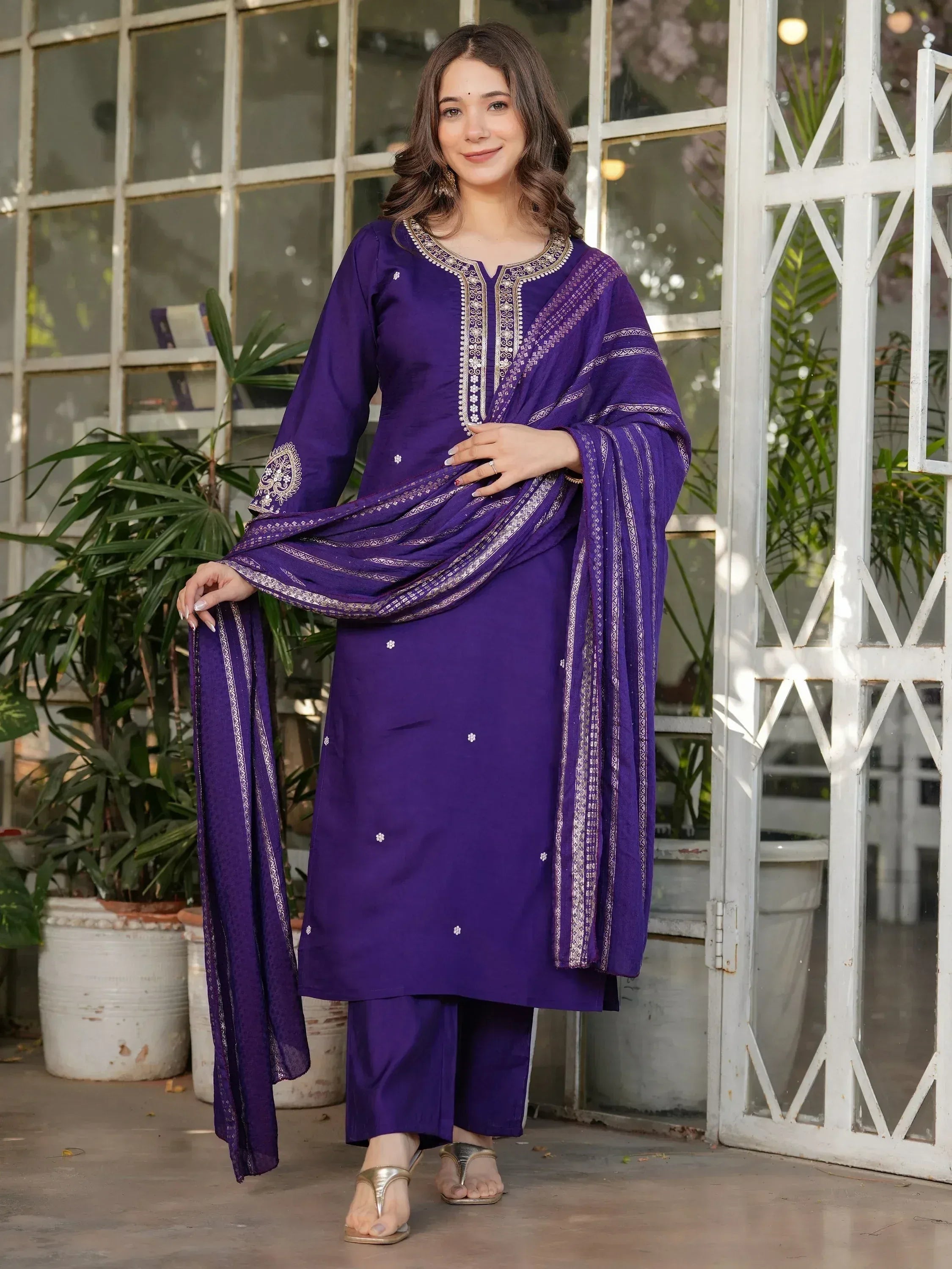Purple embroidered salwar kameez with matching dupatta, Indian ethnic wear for women