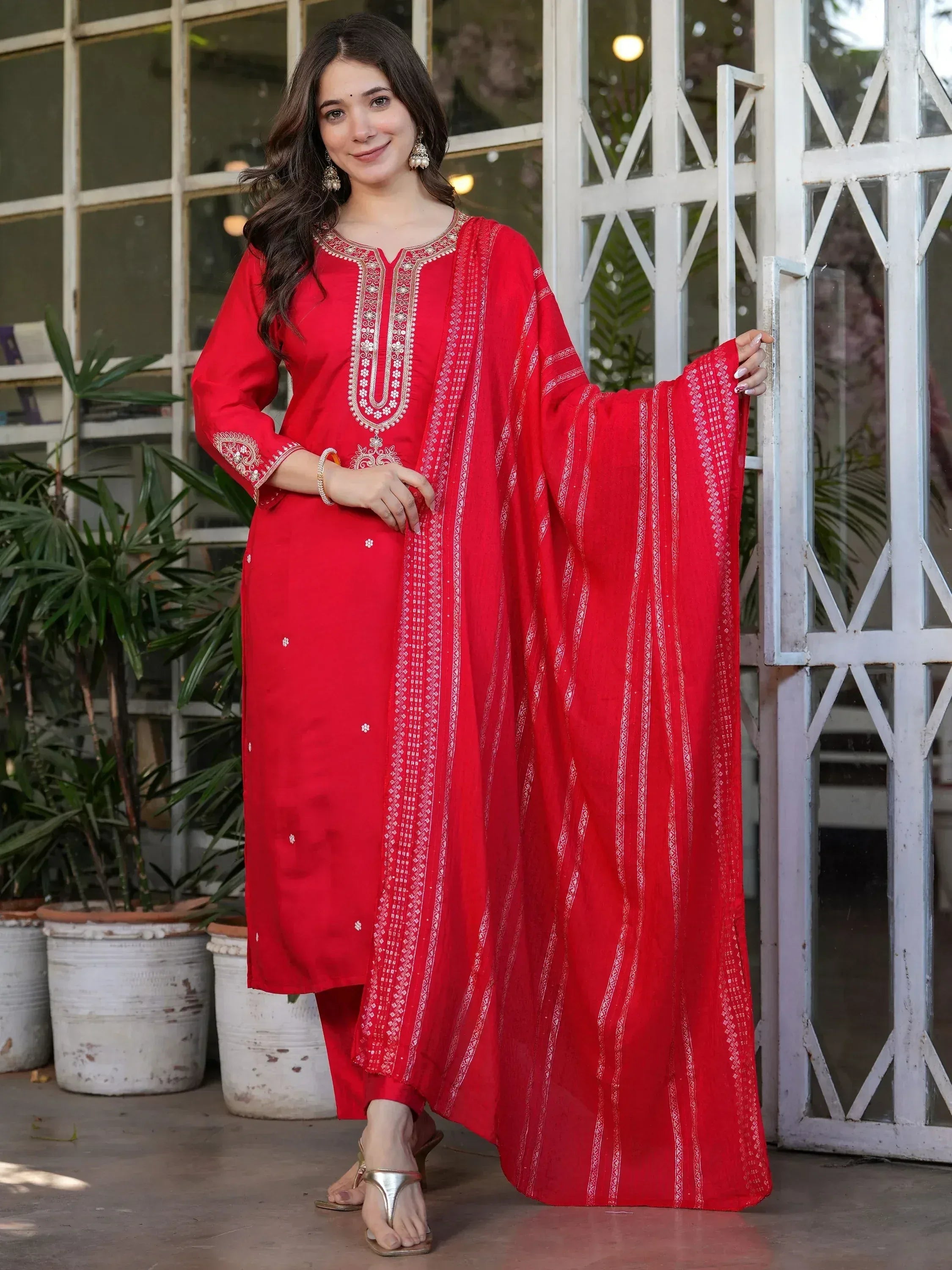 Red embroidered salwar kameez with matching dupatta, Indian ethnic wear for women