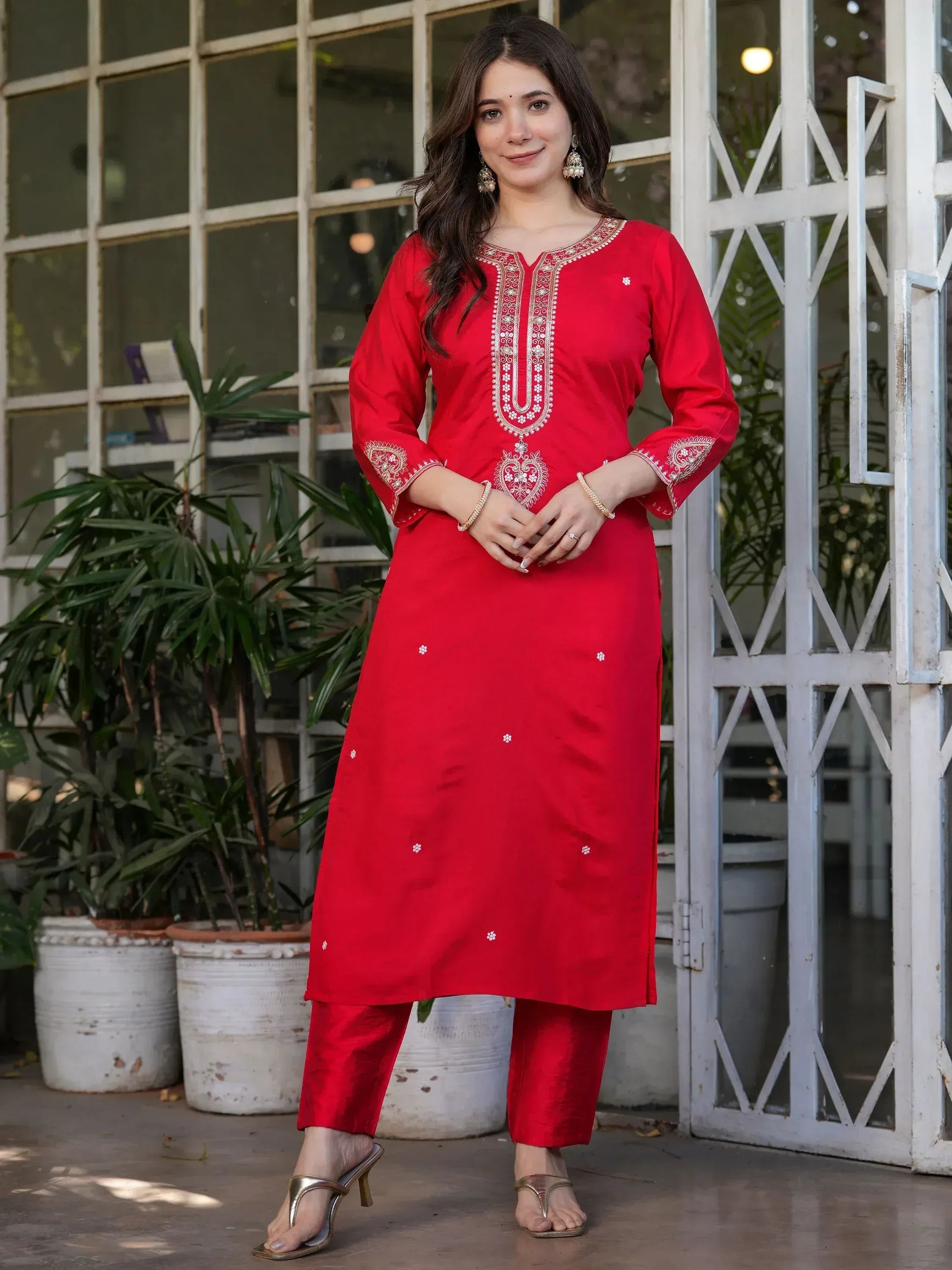 Red embroidered kurta with matching pants, Indian ethnic wear for women