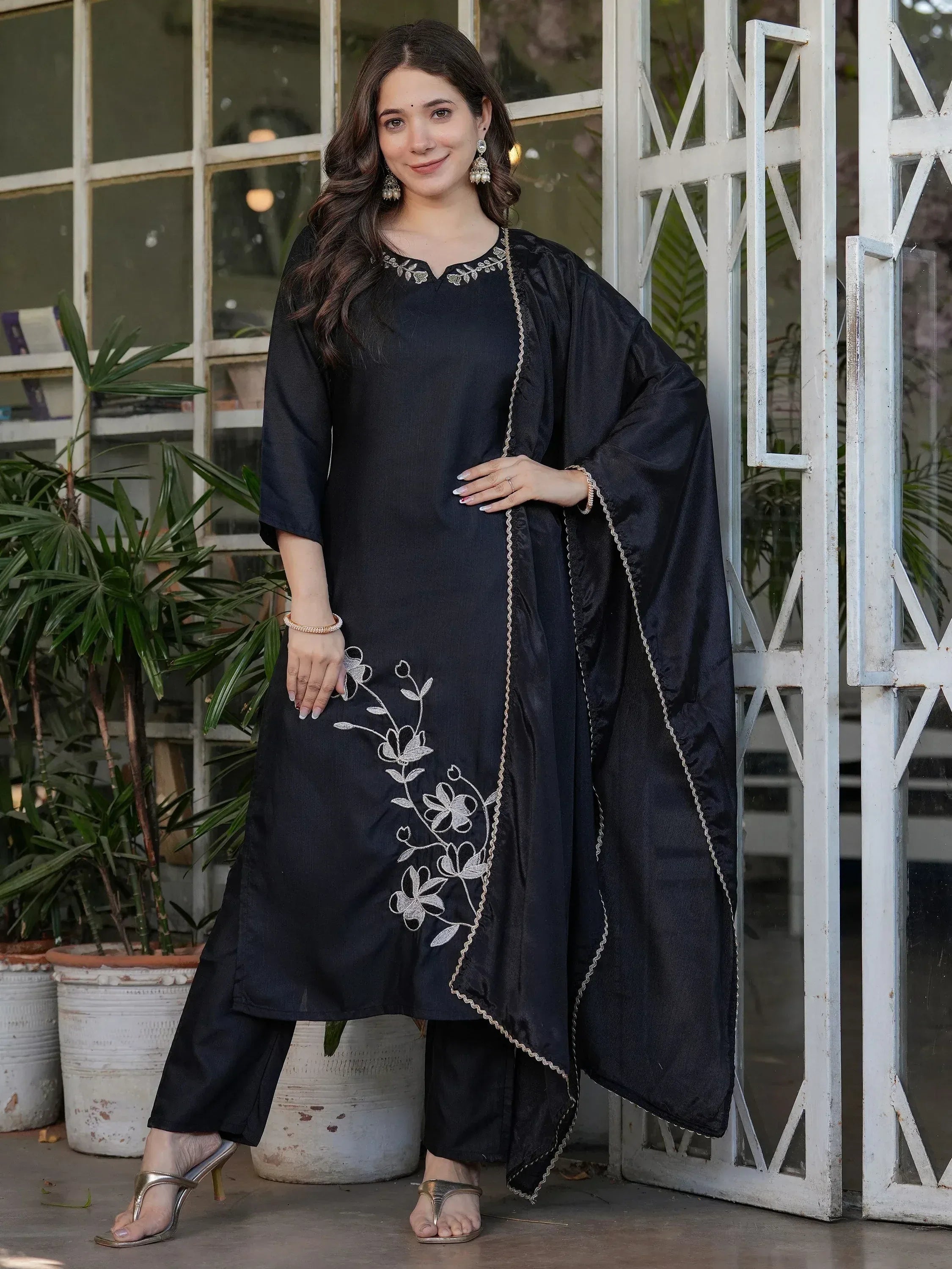 Black embroidered kurta with palazzo and cape, Indian ethnic wear for women
