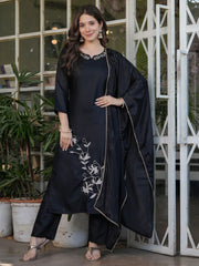 Charming Black Embroidered Viscose Pant Suit With Dupatta