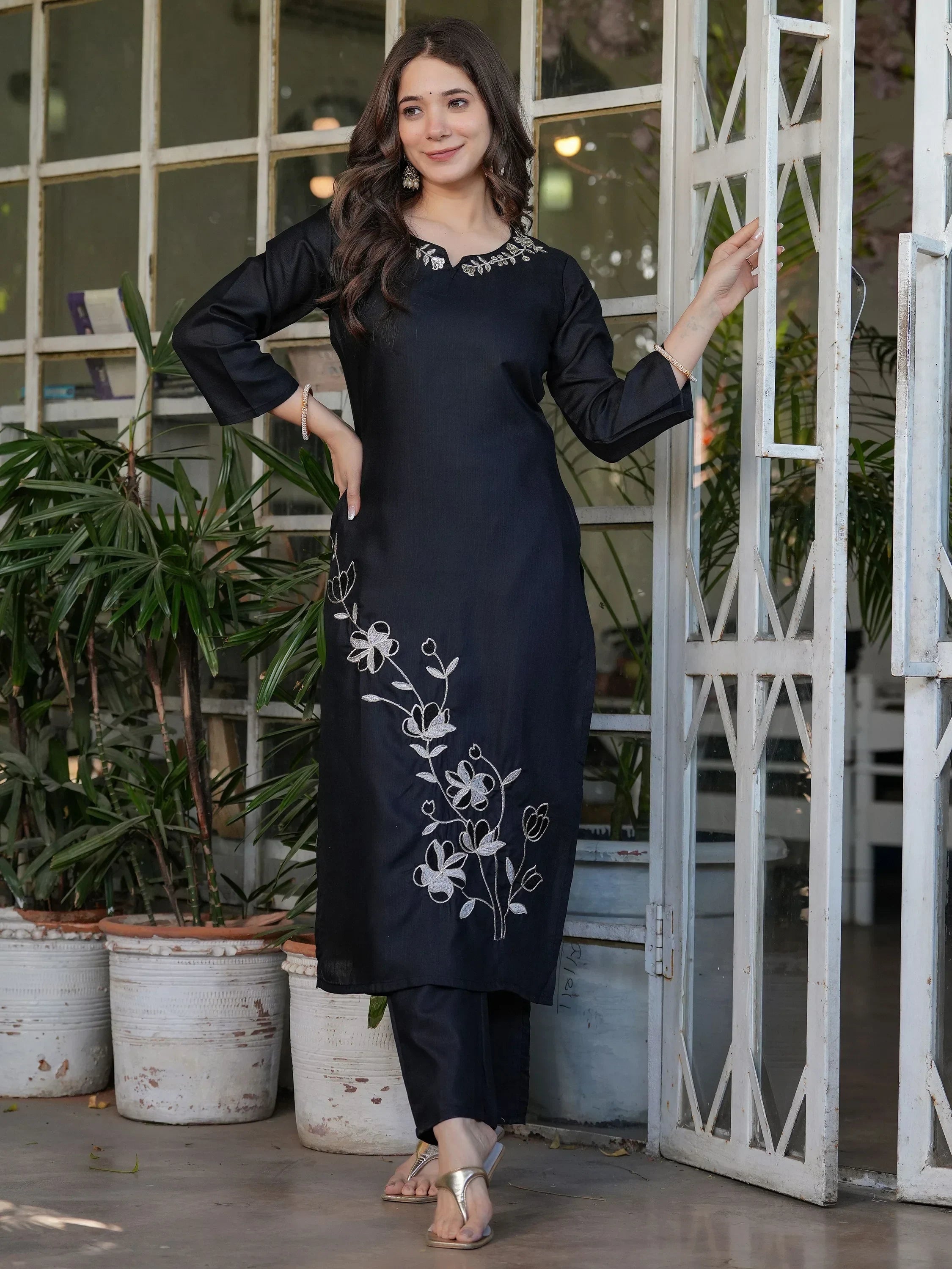 Charming Black Embroidered Viscose Pant Suit With Dupatta